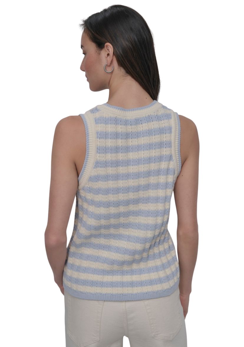 Womens Ribbed Striped Crew Neck Tank Top with Logo Charm