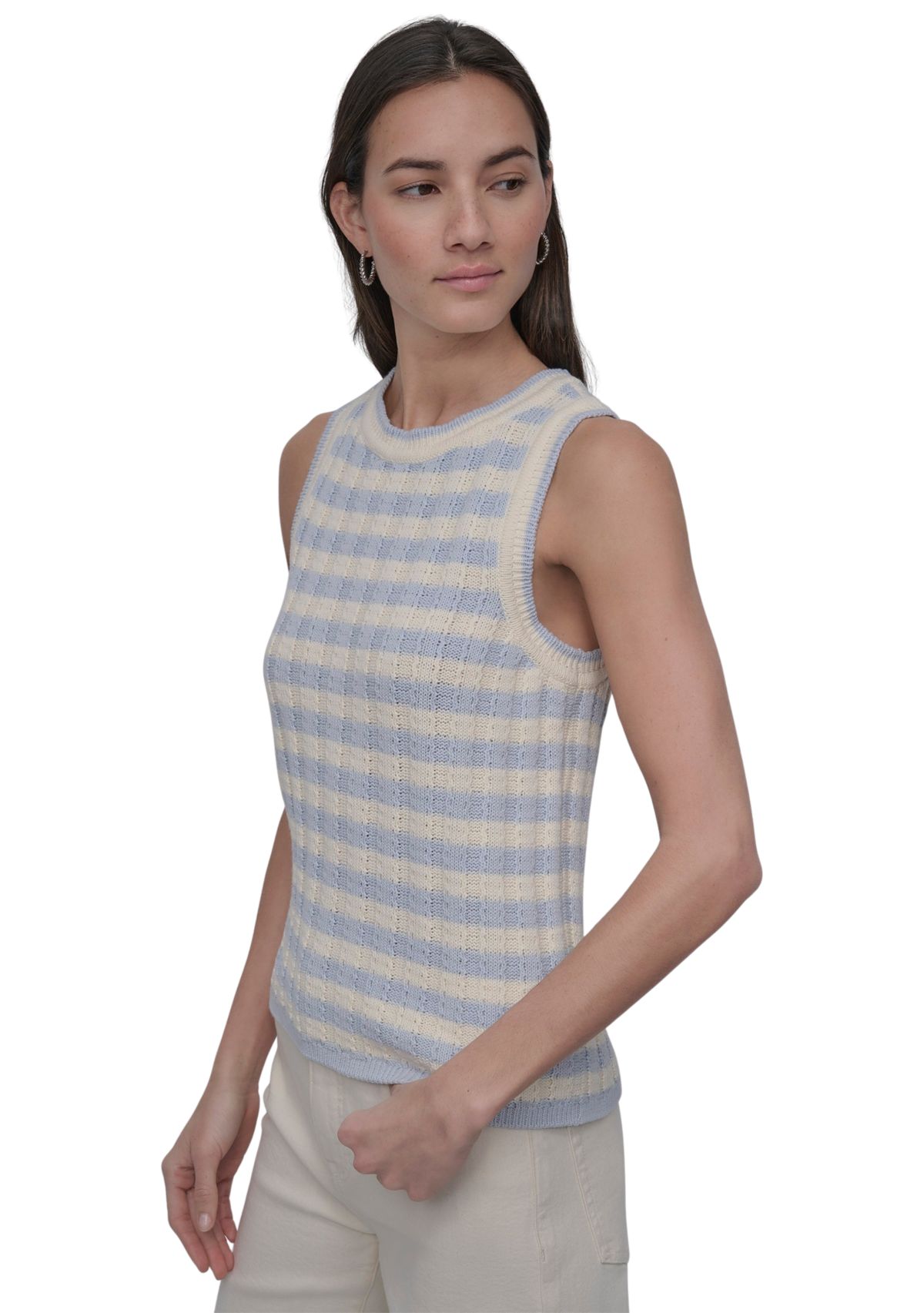 Womens Ribbed Striped Crew Neck Tank Top with Logo Charm