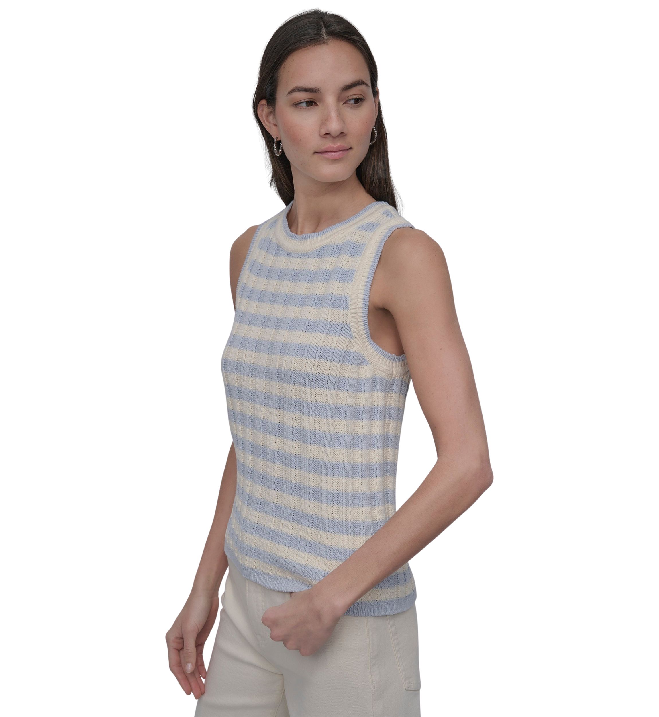 Womens Ribbed Striped Crew Neck Tank Top with Logo Charm