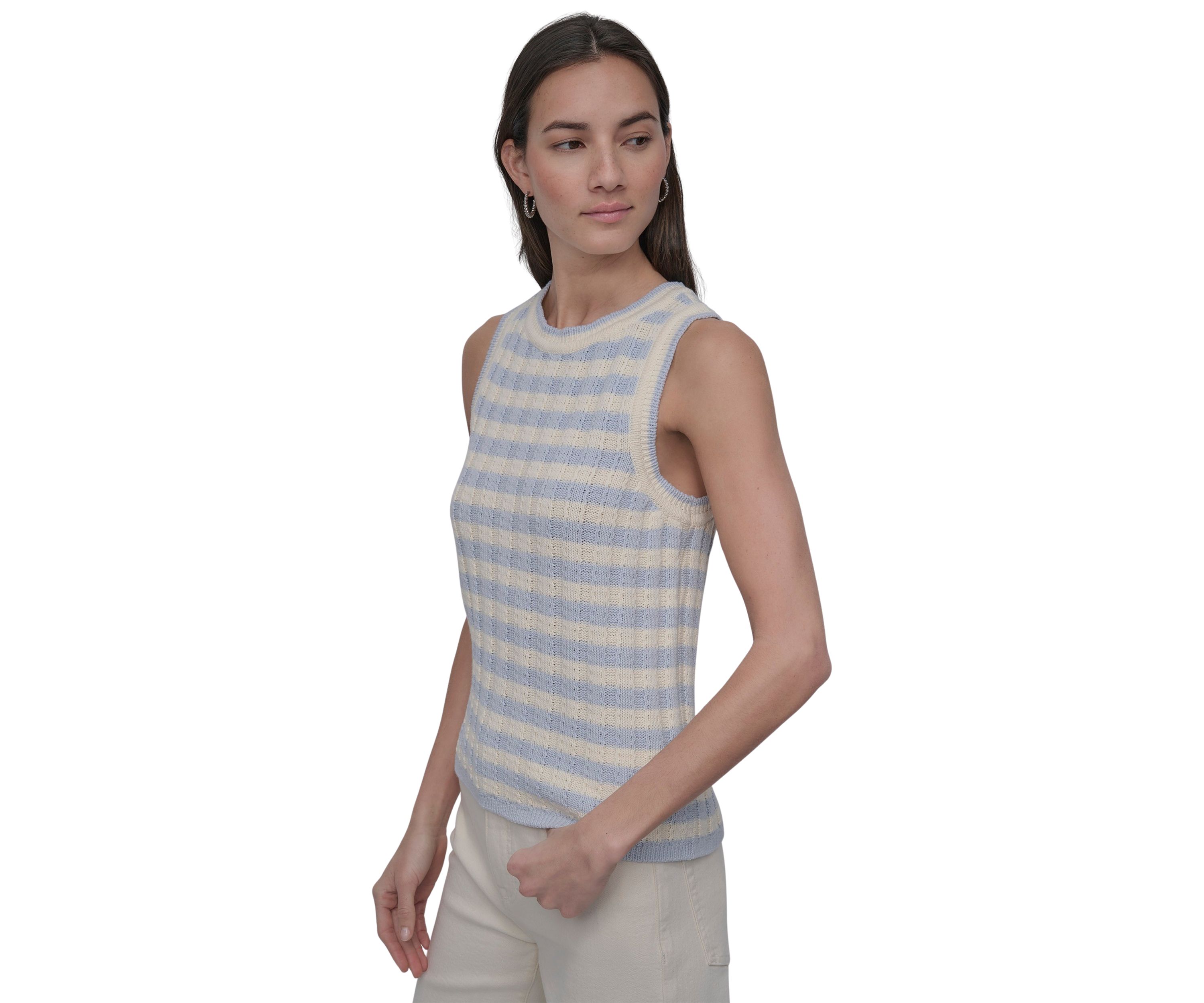 Womens Ribbed Striped Crew Neck Tank Top with Logo Charm