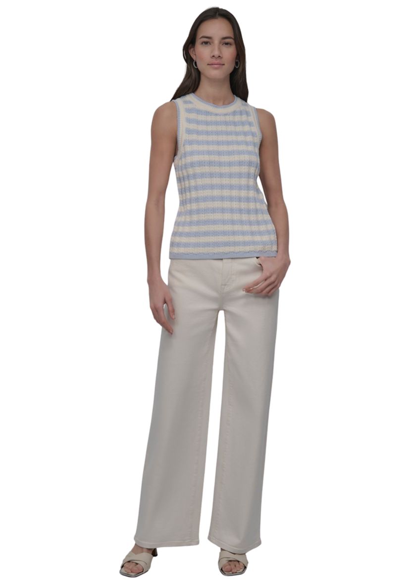 Womens Ribbed Striped Crew Neck Tank Top with Logo Charm