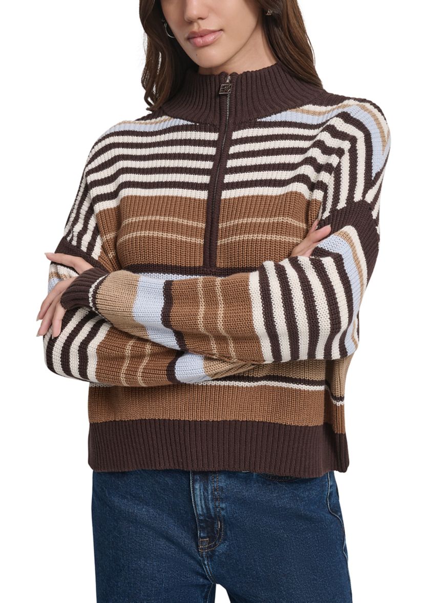 Womens 1/4 Zip Front Striped Sweater