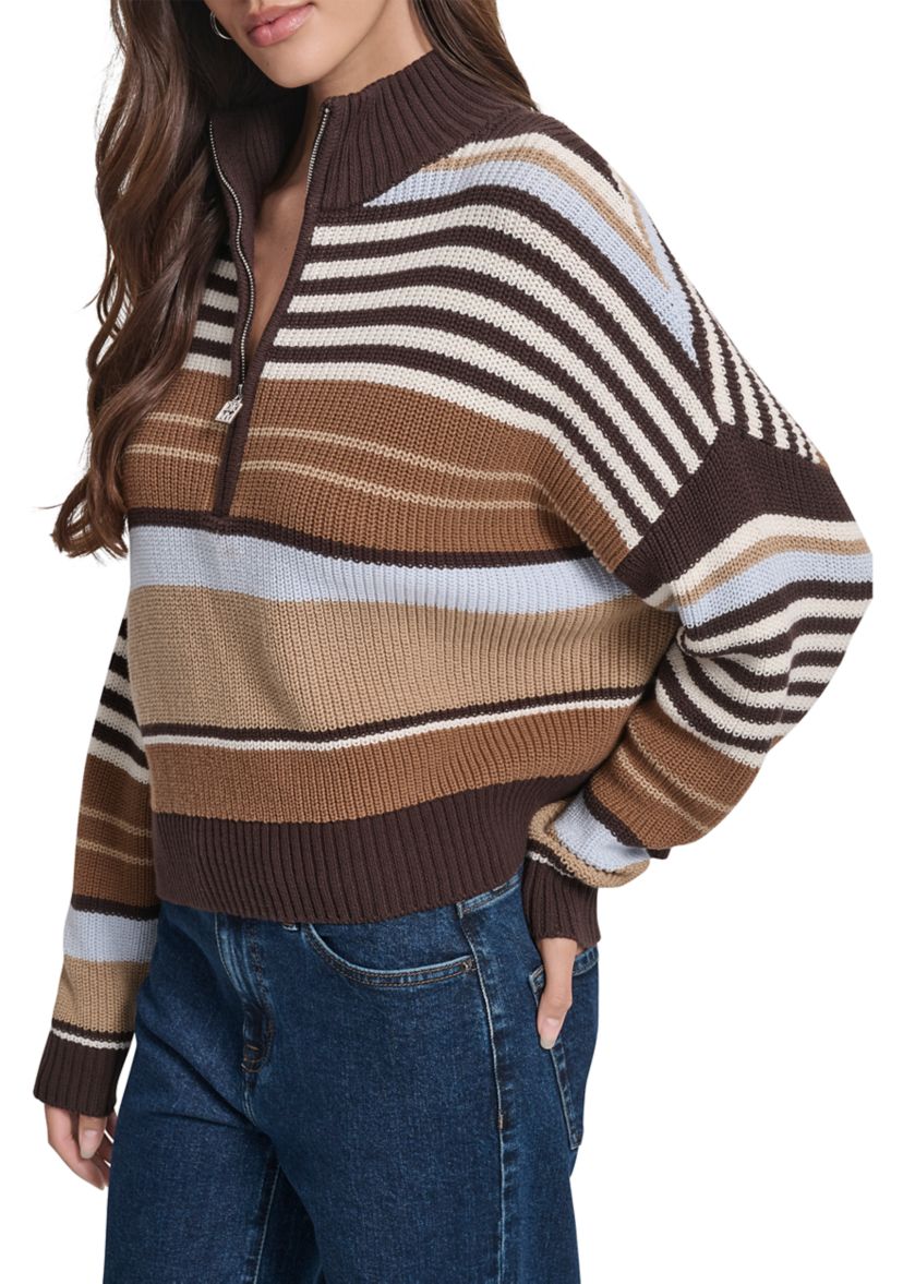 Womens 1/4 Zip Front Striped Sweater