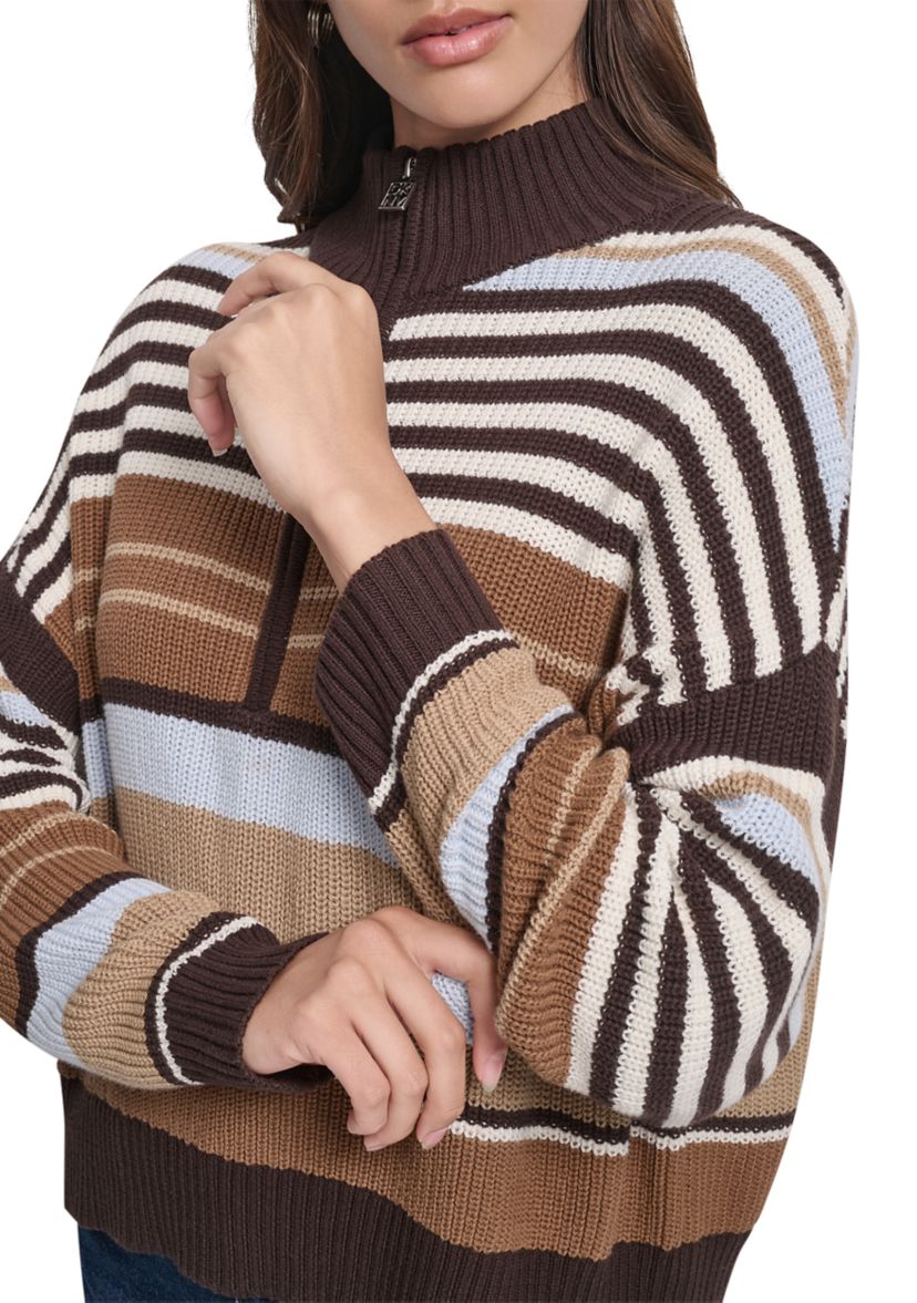Womens 1/4 Zip Front Striped Sweater