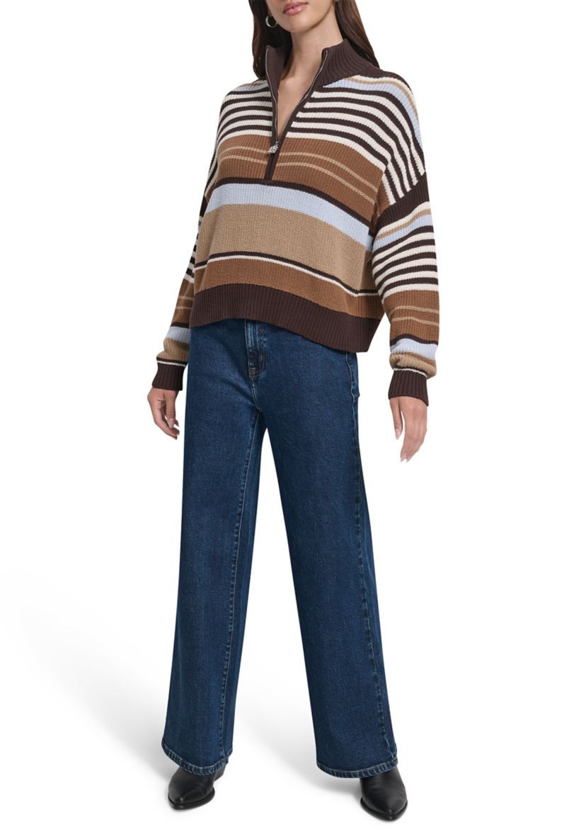 Womens 1/4 Zip Front Striped Sweater