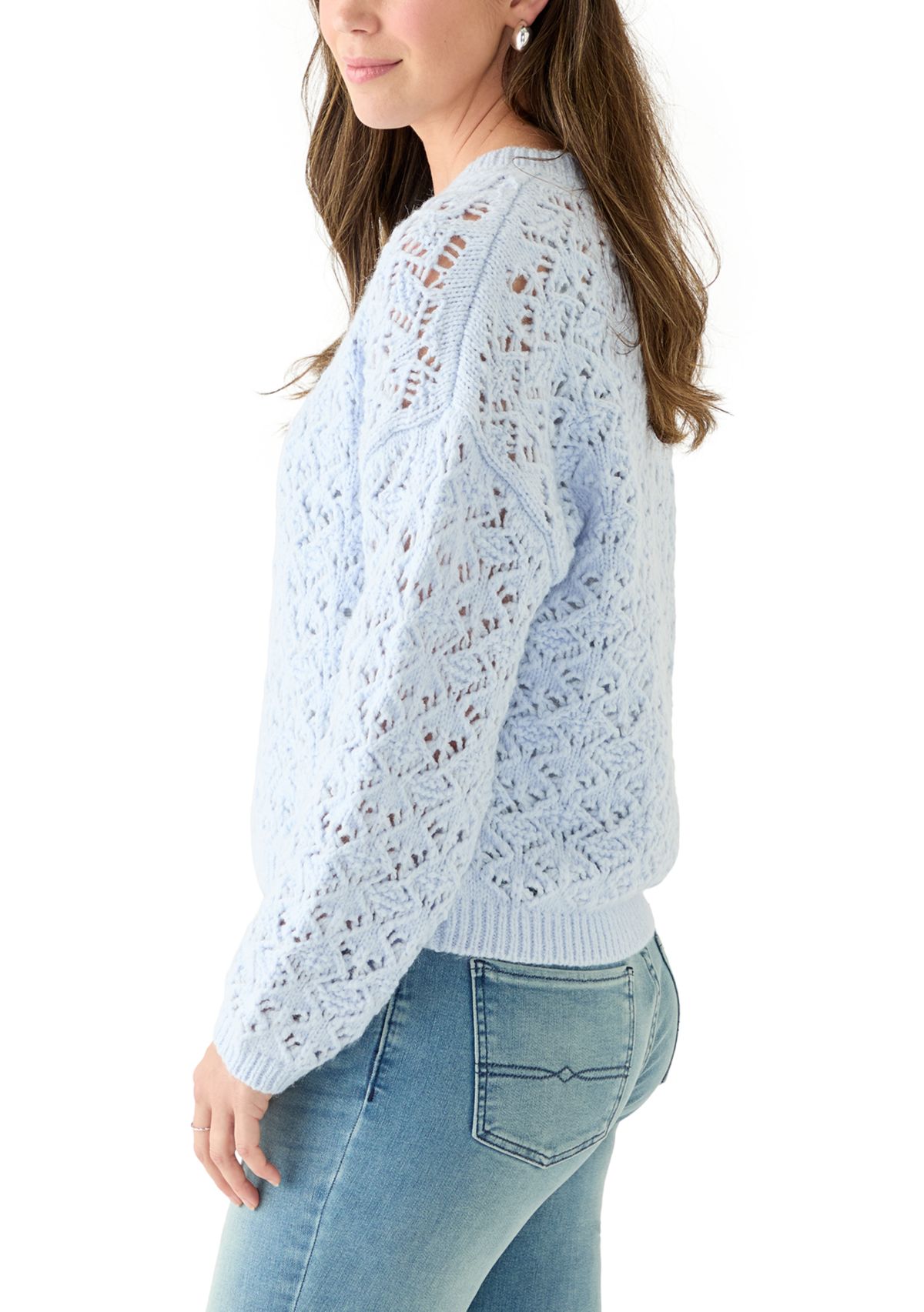 Womens Long Sleeve Crew Neck Pointelle Sweater