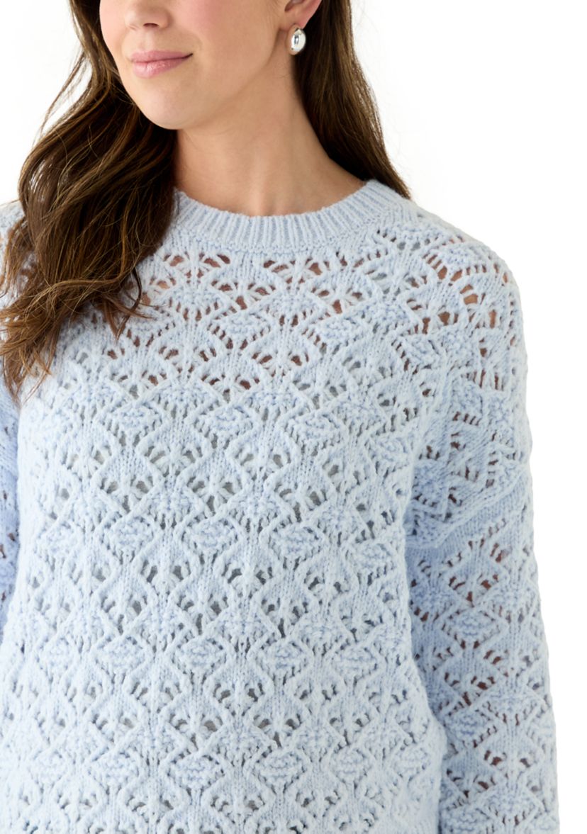 Womens Long Sleeve Crew Neck Pointelle Sweater
