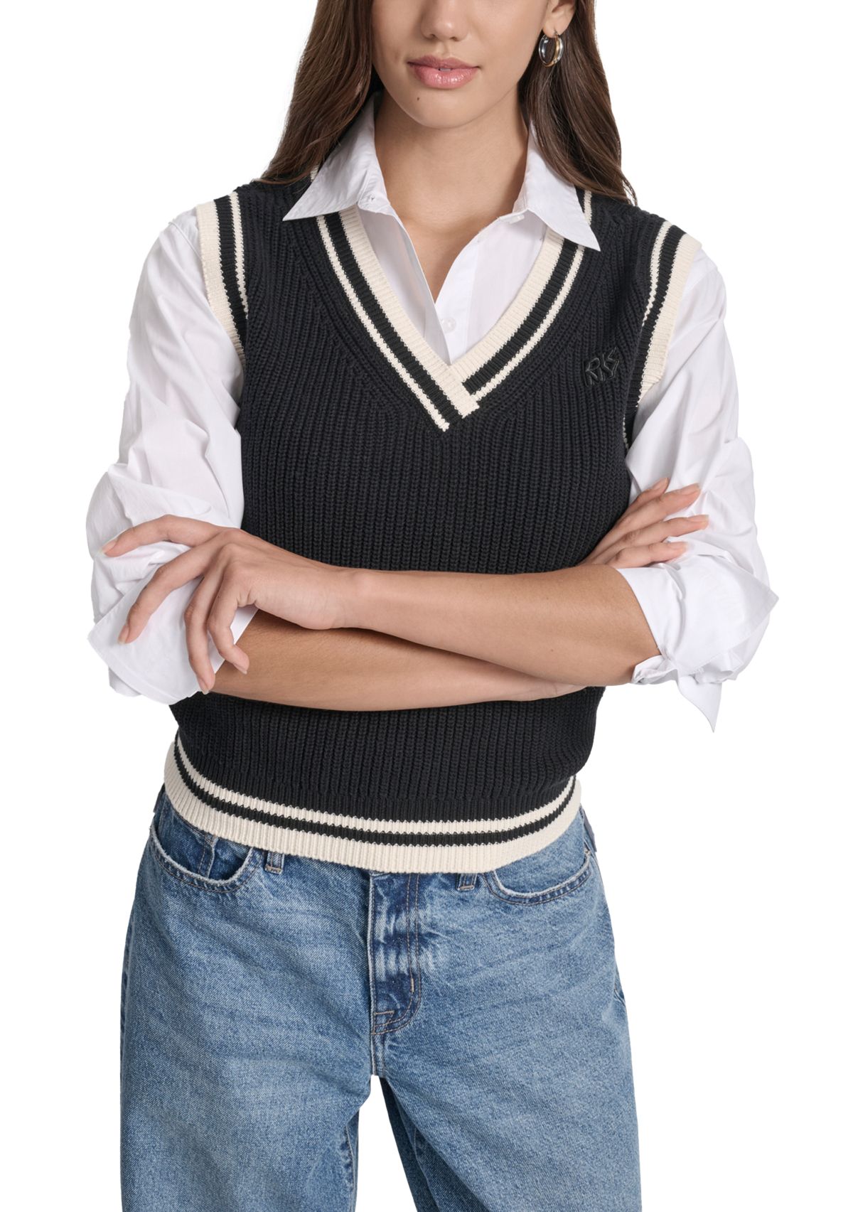 Womens V-Neck Tipped Sleeveless Sweater