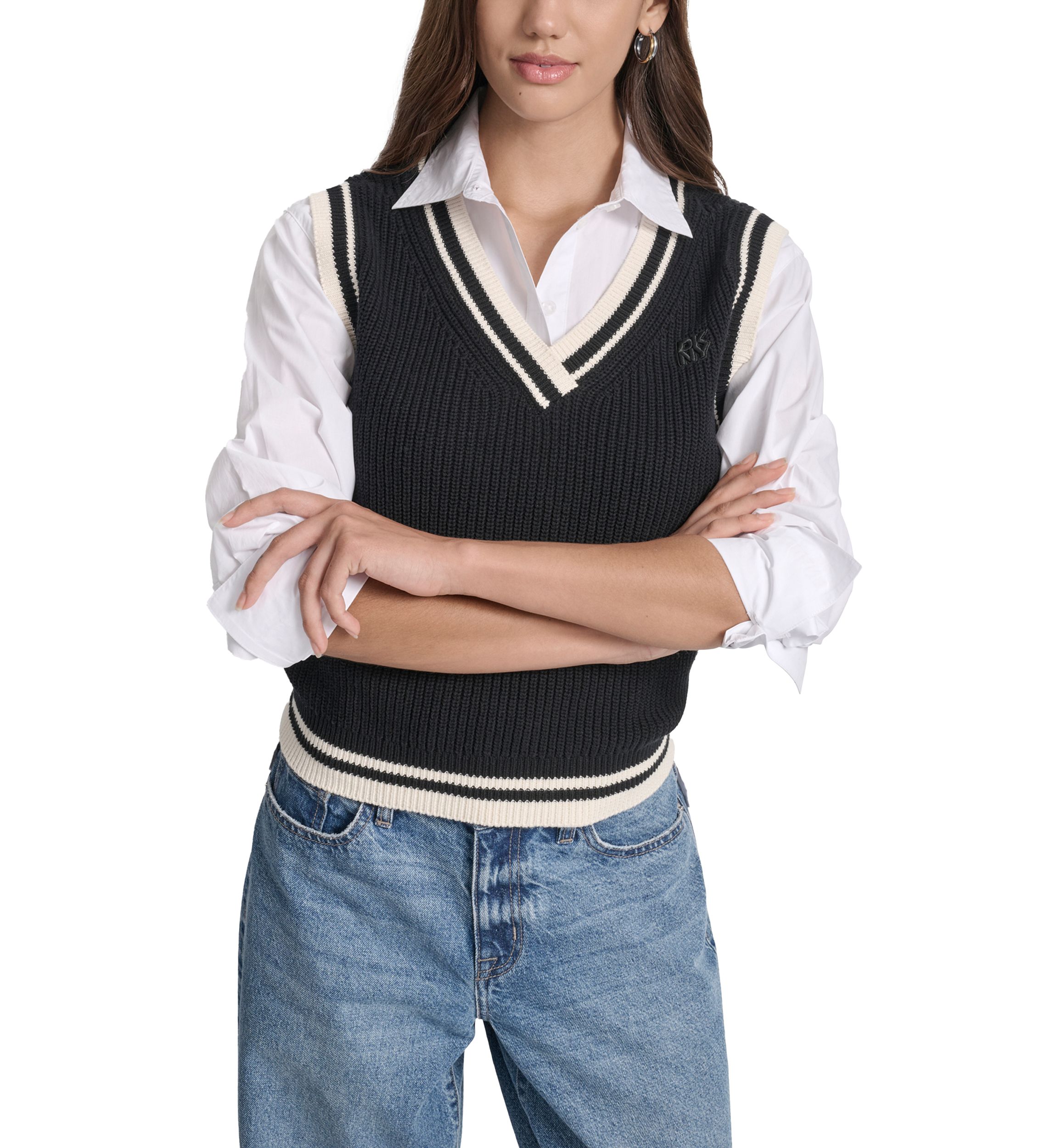 Womens V-Neck Tipped Sleeveless Sweater