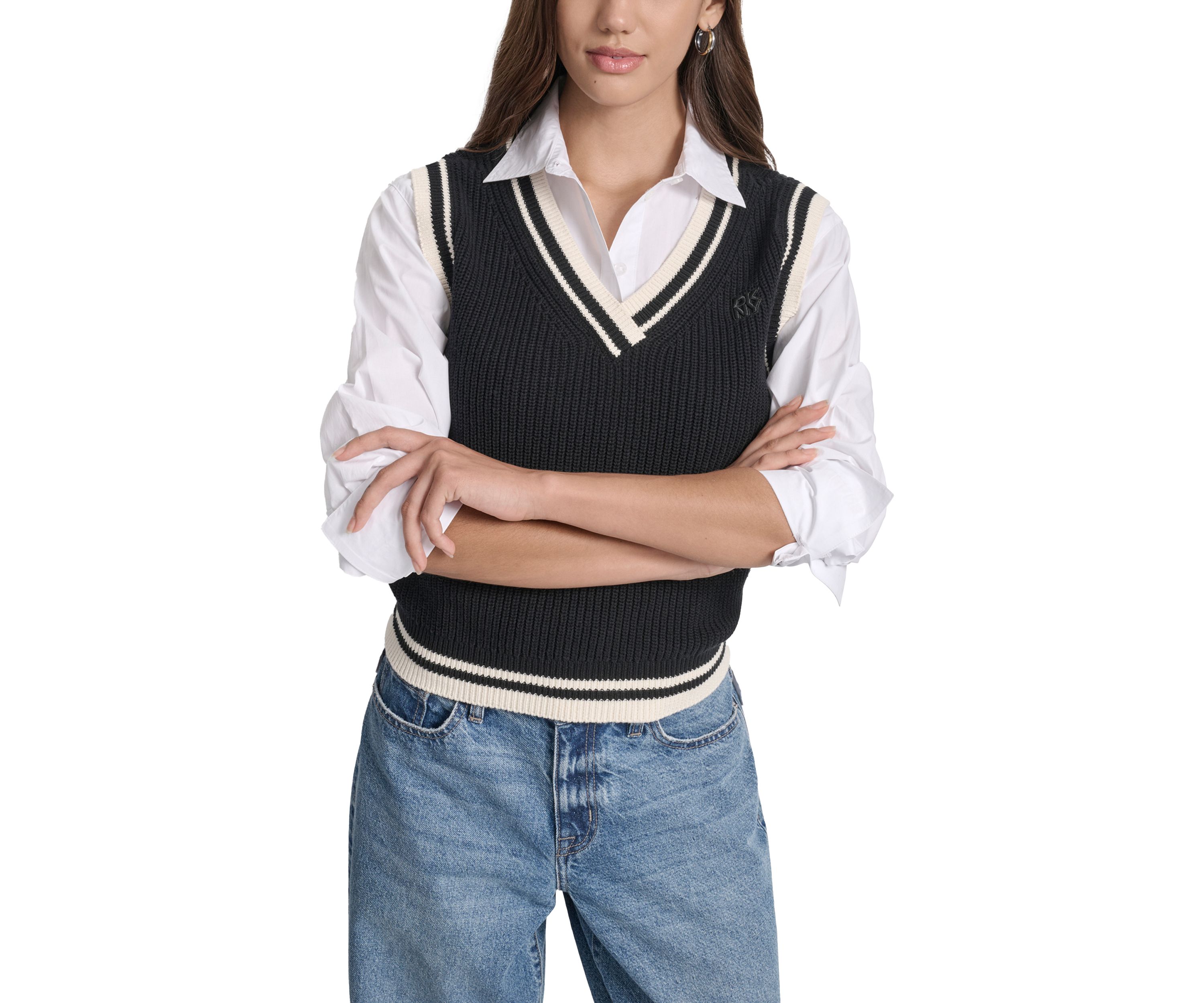 Womens V-Neck Tipped Sleeveless Sweater