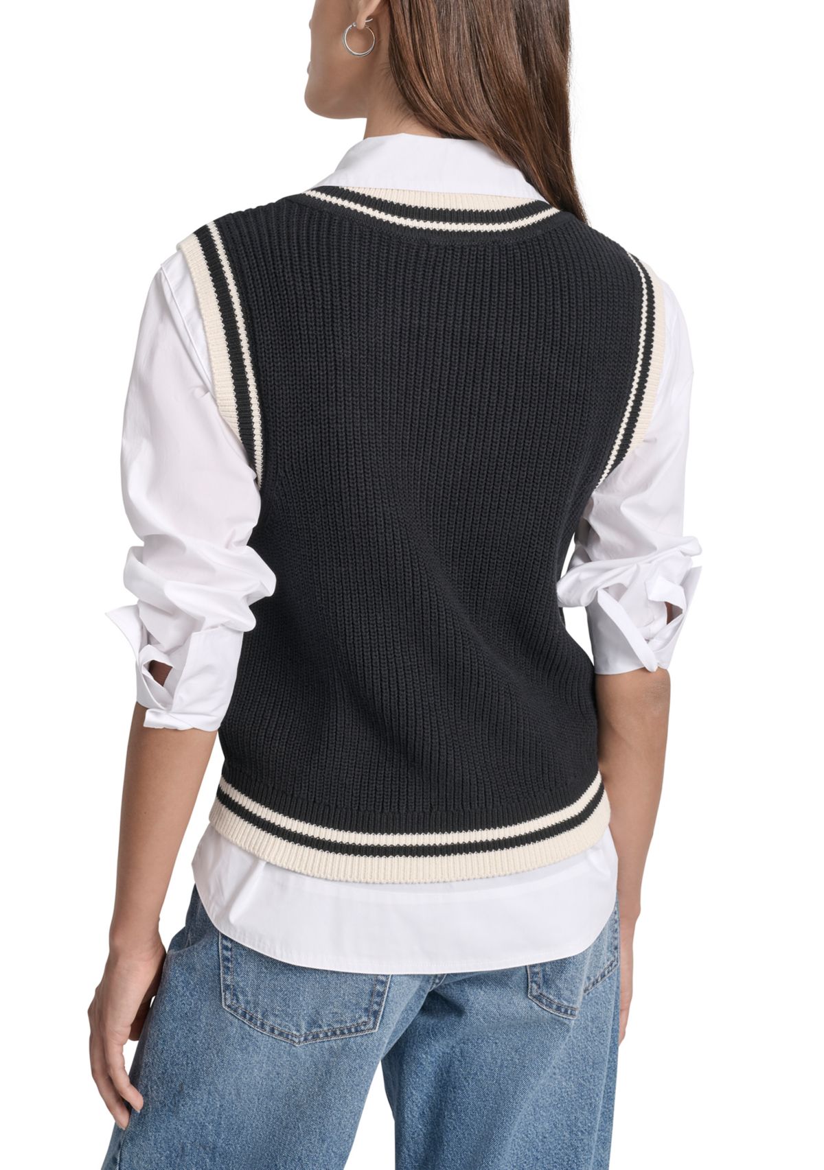 Womens V-Neck Tipped Sleeveless Sweater