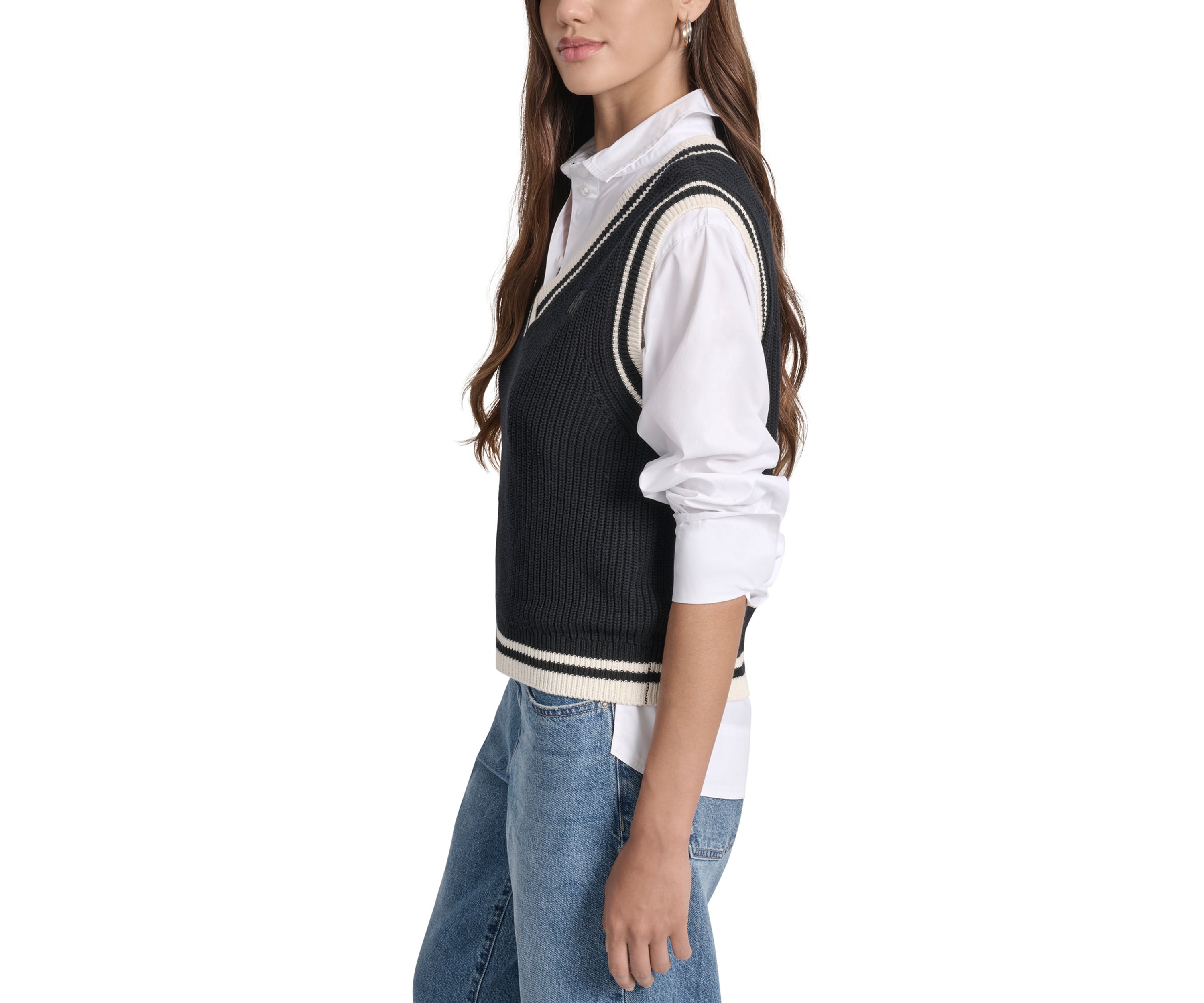 Womens V-Neck Tipped Sleeveless Sweater