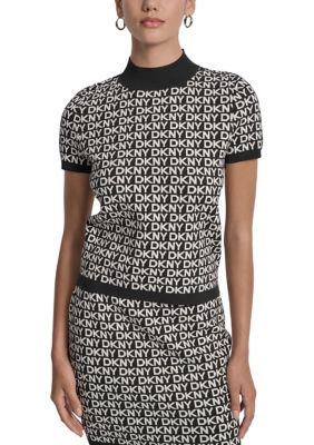 DKNY Jeans Women's Logo Jacquard Short Sleeve Mock Neck Top, XS