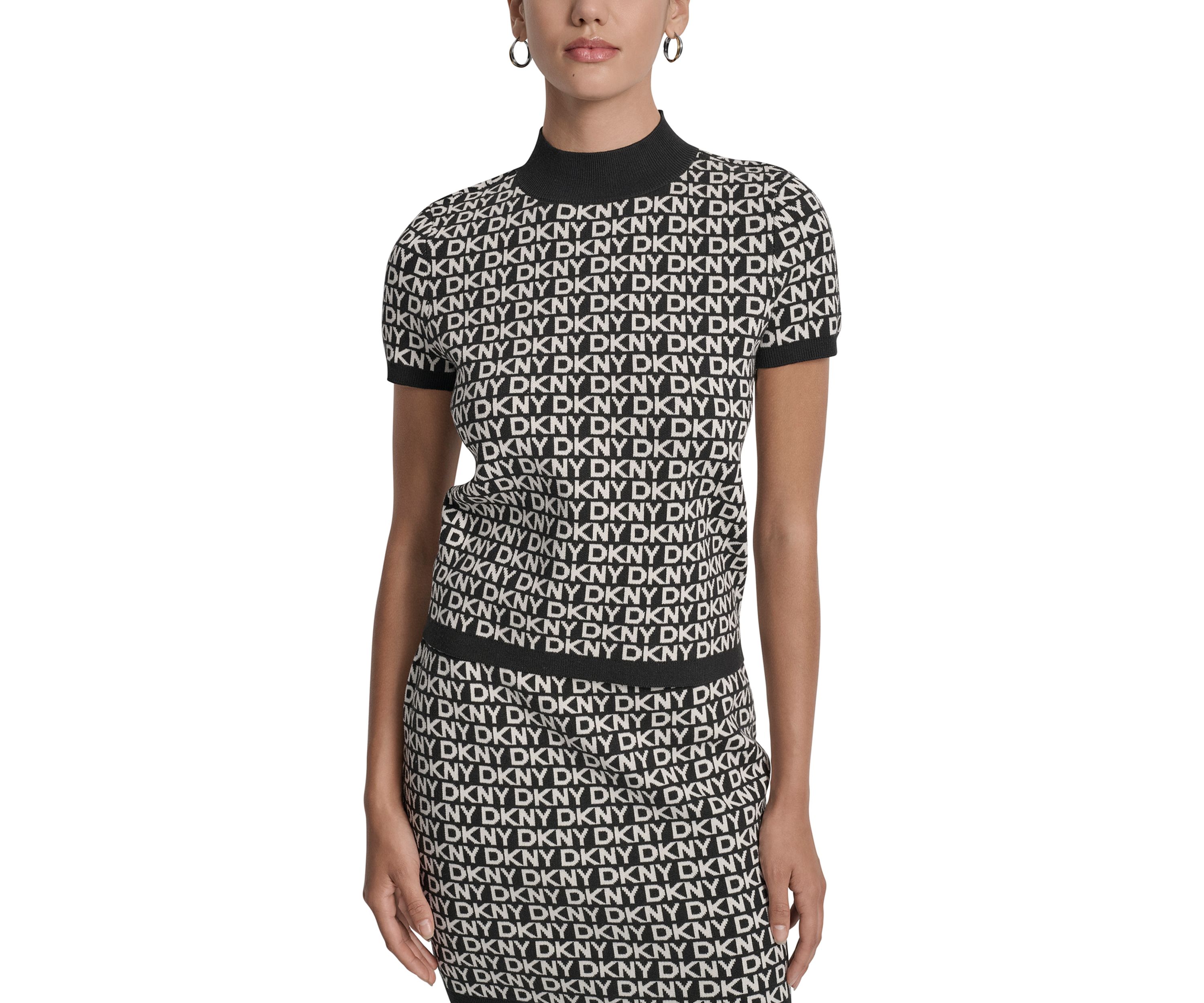 Womens Logo Jacquard Short Sleeve Mock Neck  Top