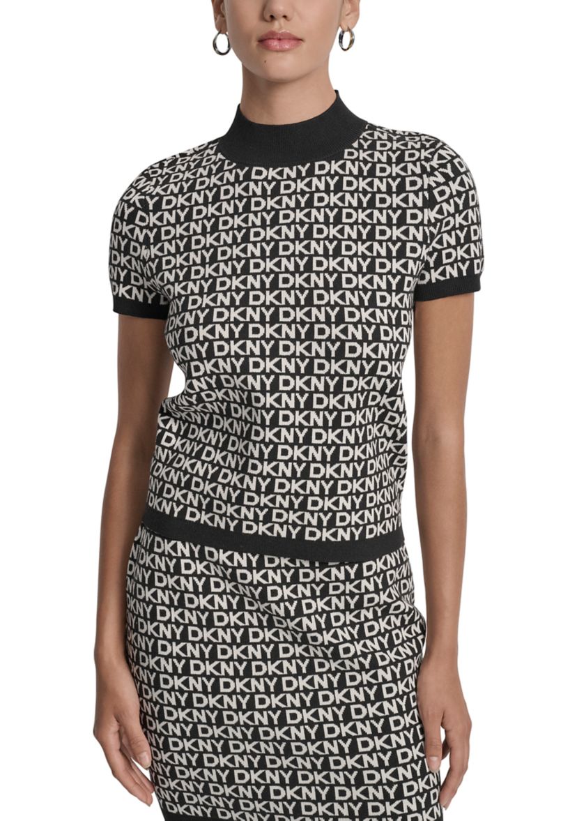 Womens Logo Jacquard Short Sleeve Mock Neck  Top