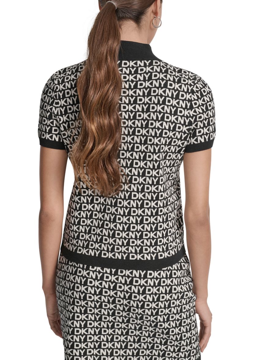 Womens Logo Jacquard Short Sleeve Mock Neck  Top