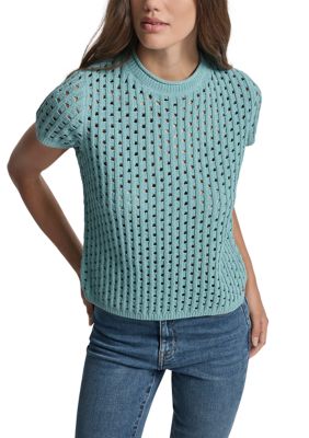 DKNY Jeans Women's Open Stitch Crew Neck Short Sleeve Sweater, Teal, XS