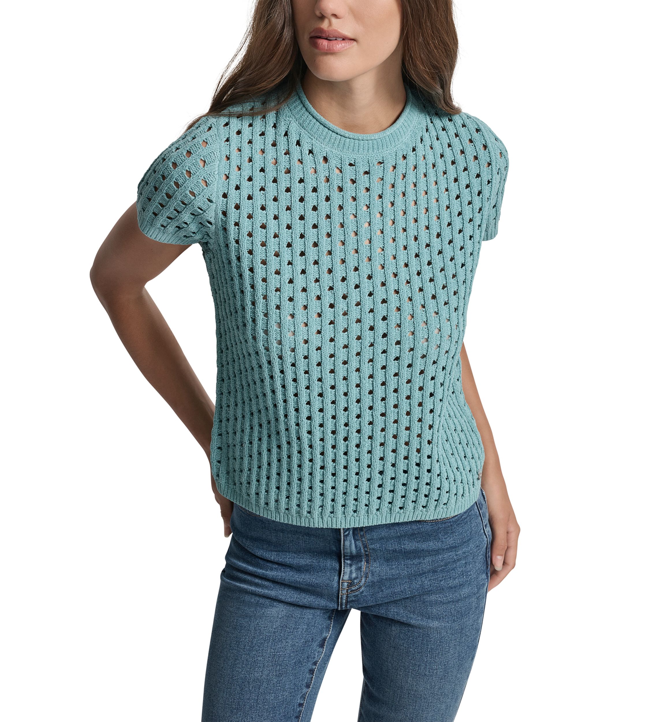 Womens Open Stitch Crew Neck Short Sleeve Sweater