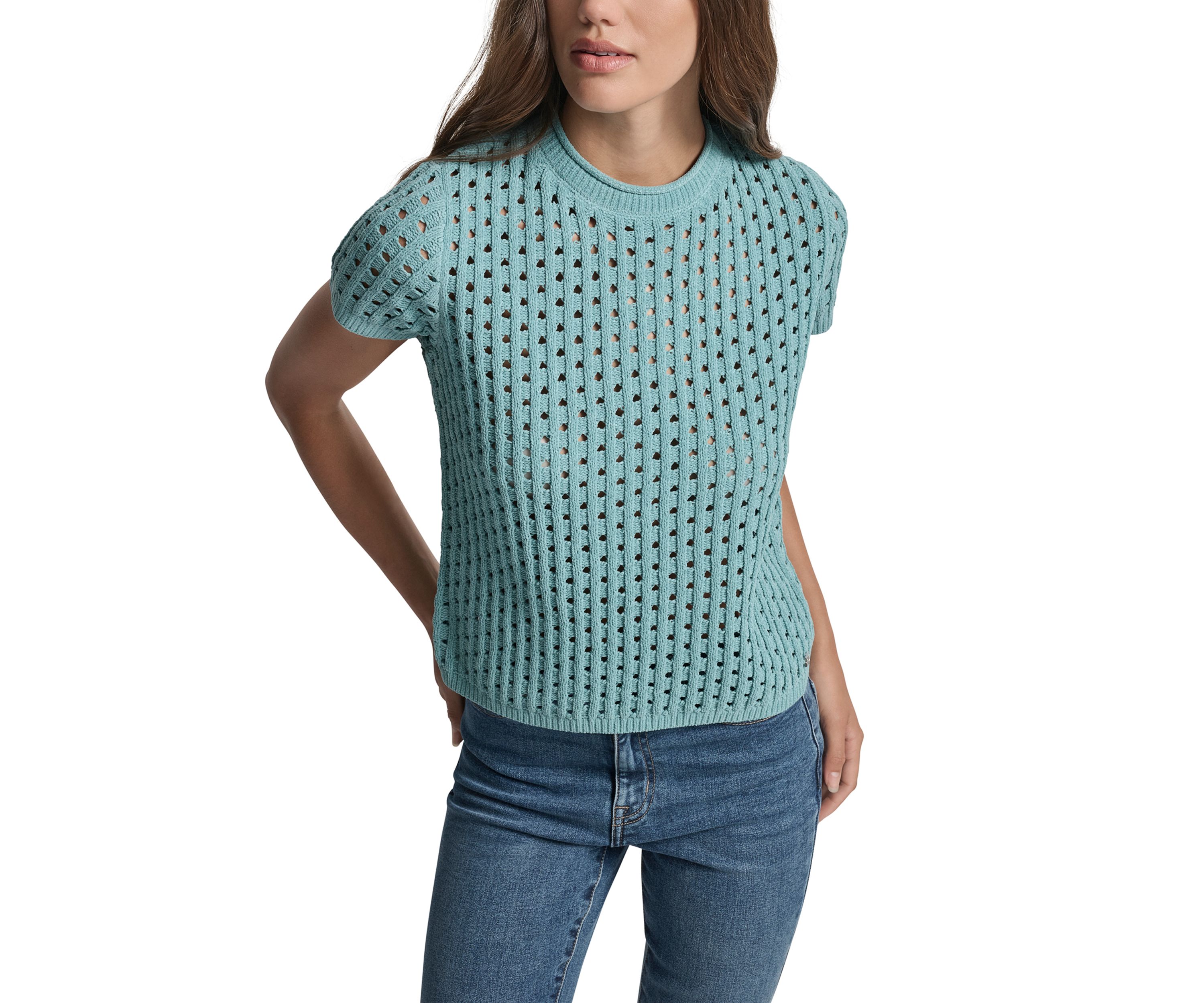 Womens Open Stitch Crew Neck Short Sleeve Sweater