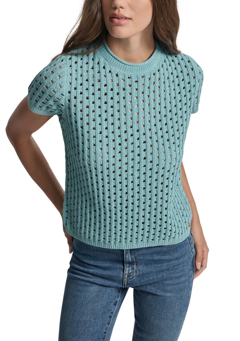 Womens Open Stitch Crew Neck Short Sleeve Sweater