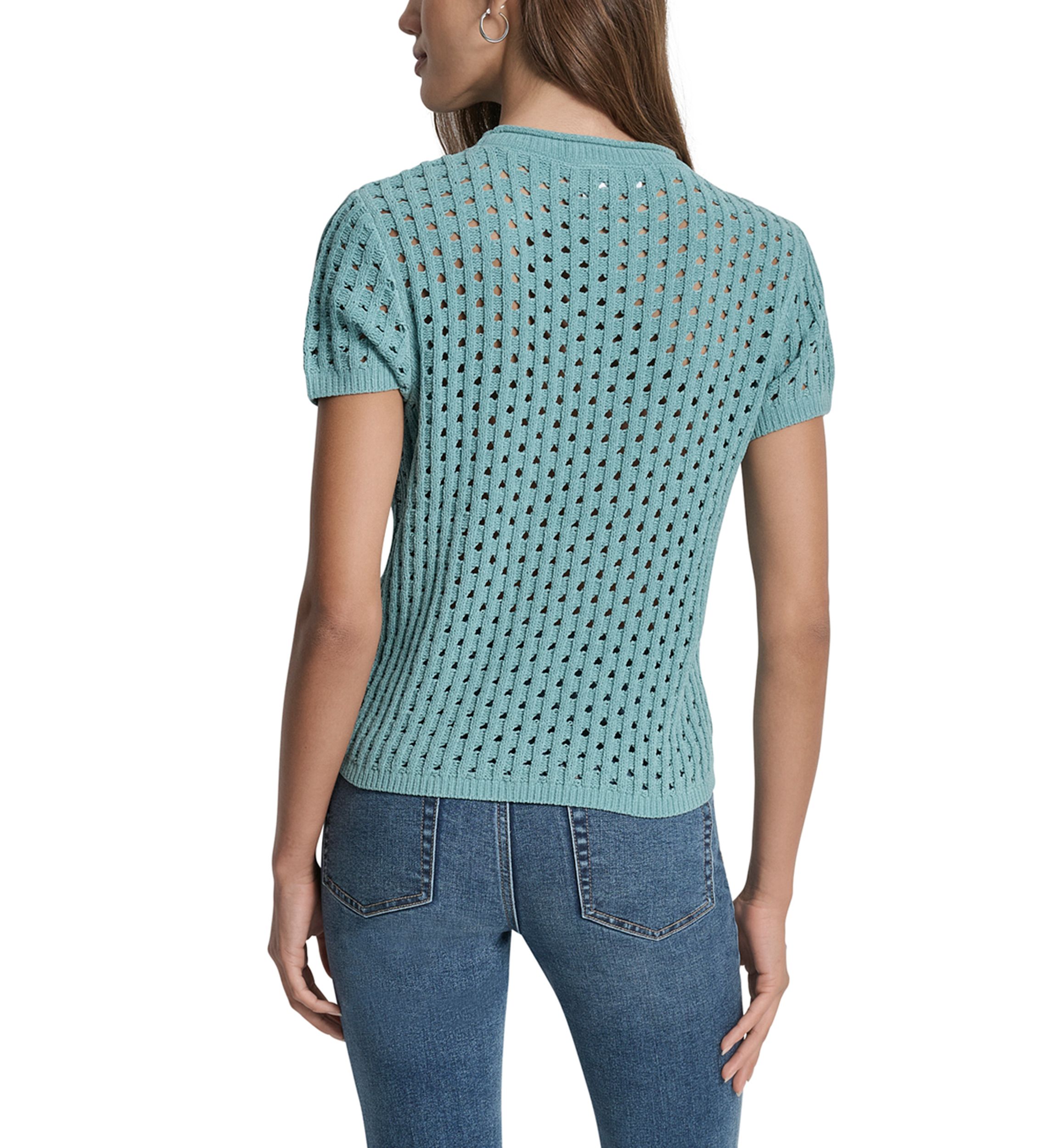 Womens Open Stitch Crew Neck Short Sleeve Sweater