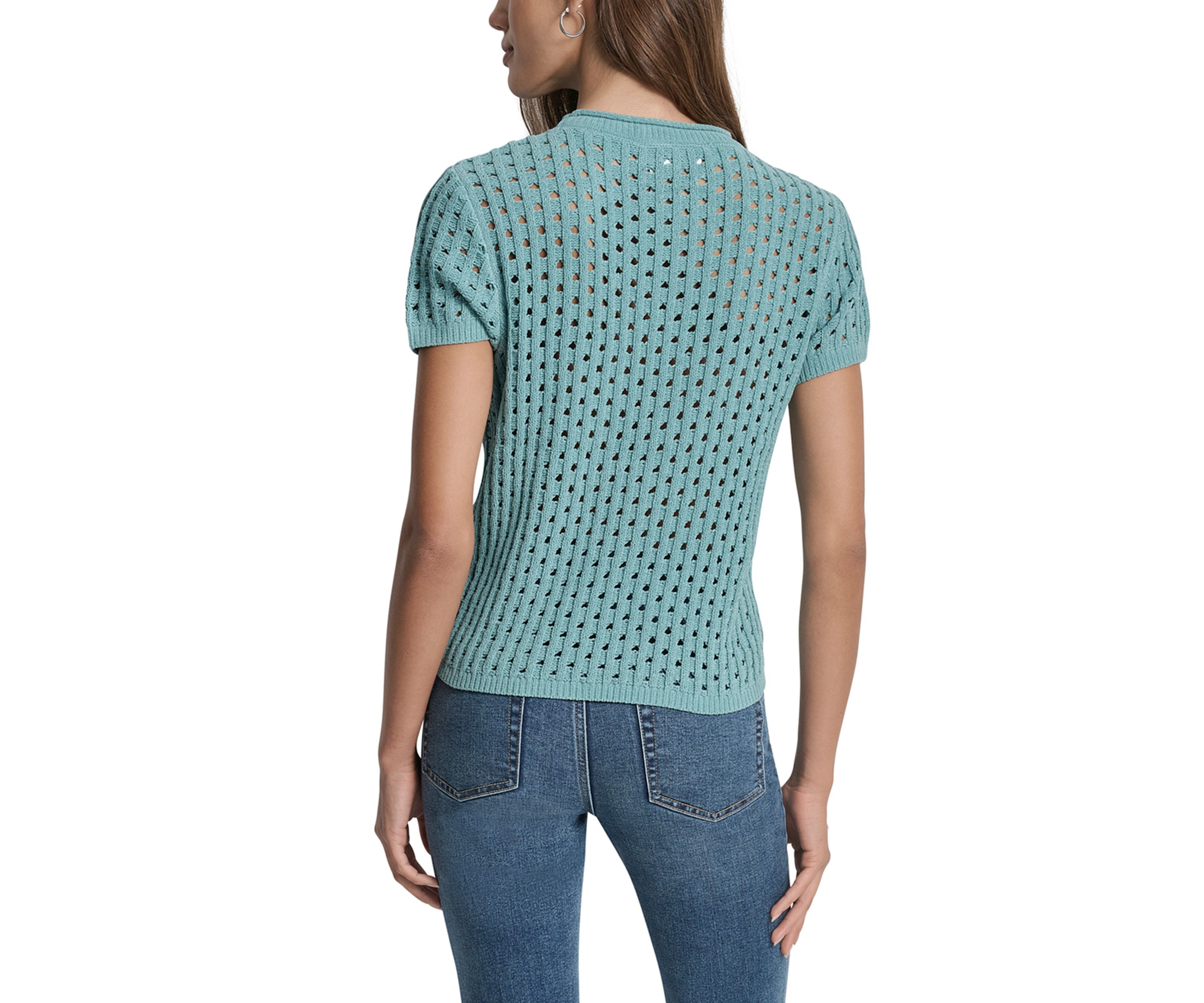 Womens Open Stitch Crew Neck Short Sleeve Sweater