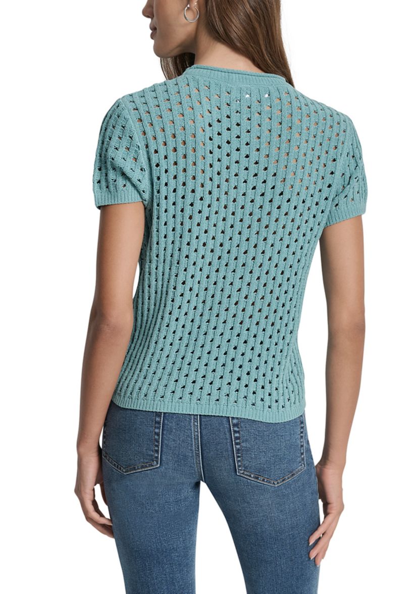 Womens Open Stitch Crew Neck Short Sleeve Sweater
