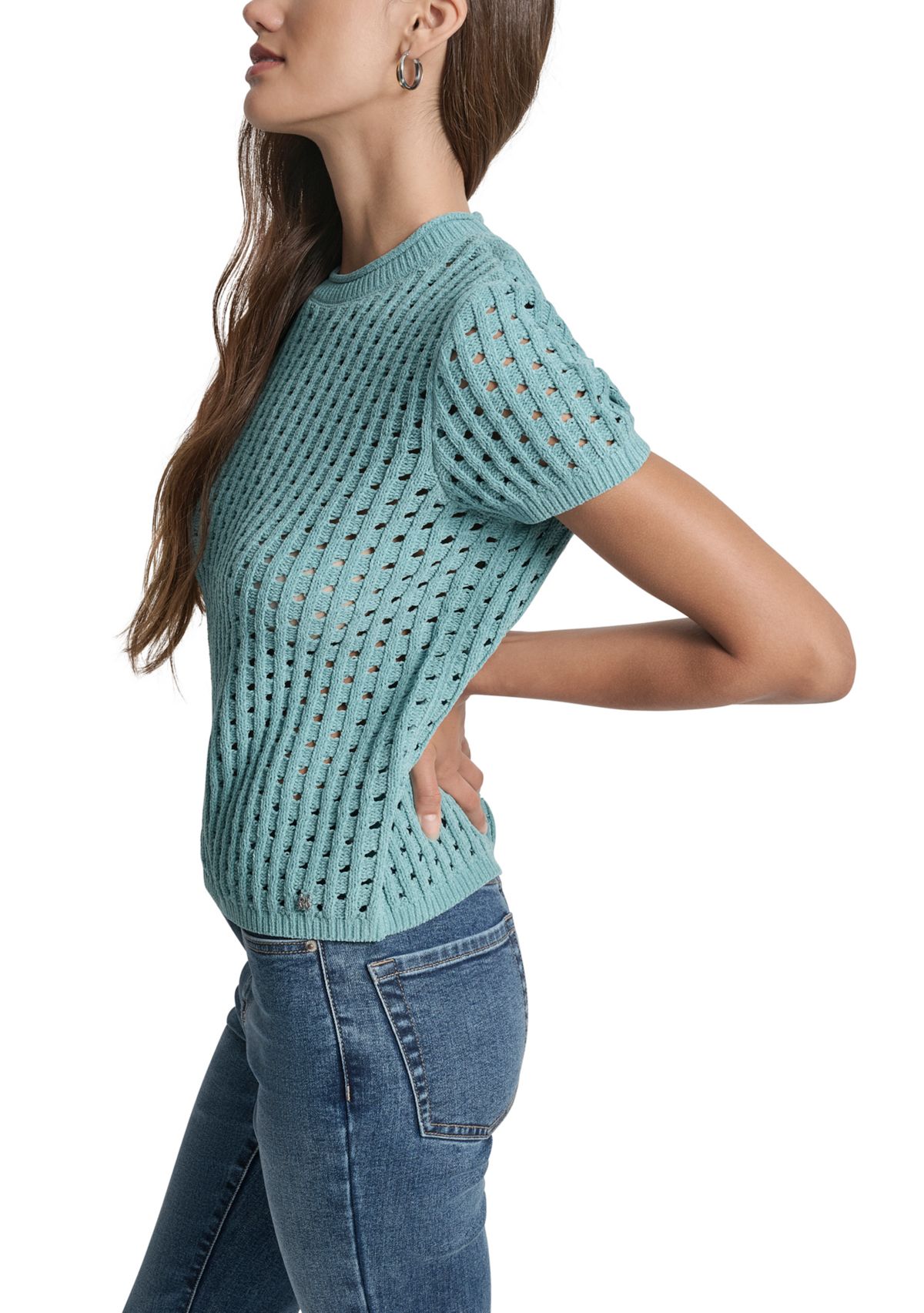 Womens Open Stitch Crew Neck Short Sleeve Sweater