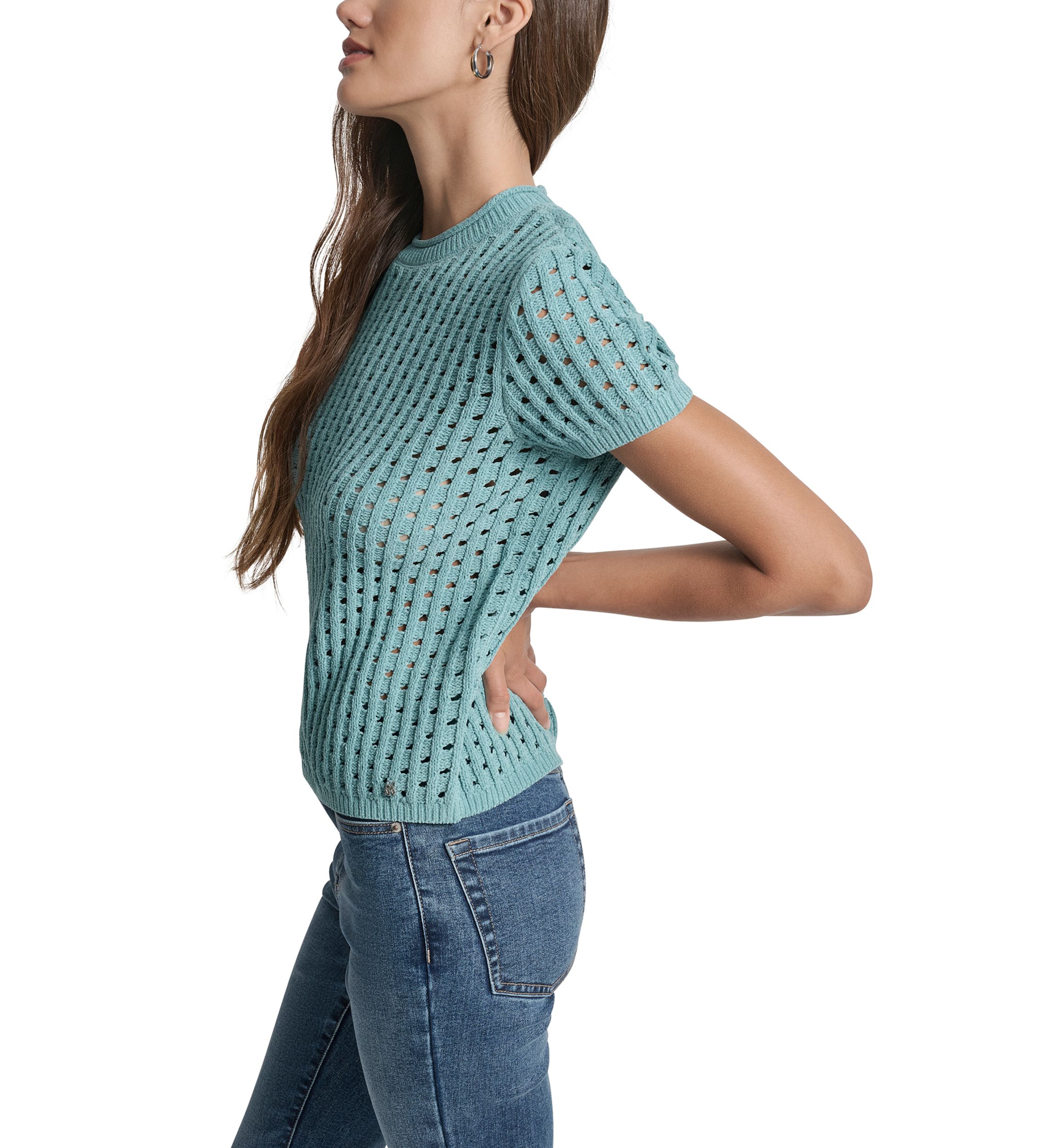 Womens Open Stitch Crew Neck Short Sleeve Sweater
