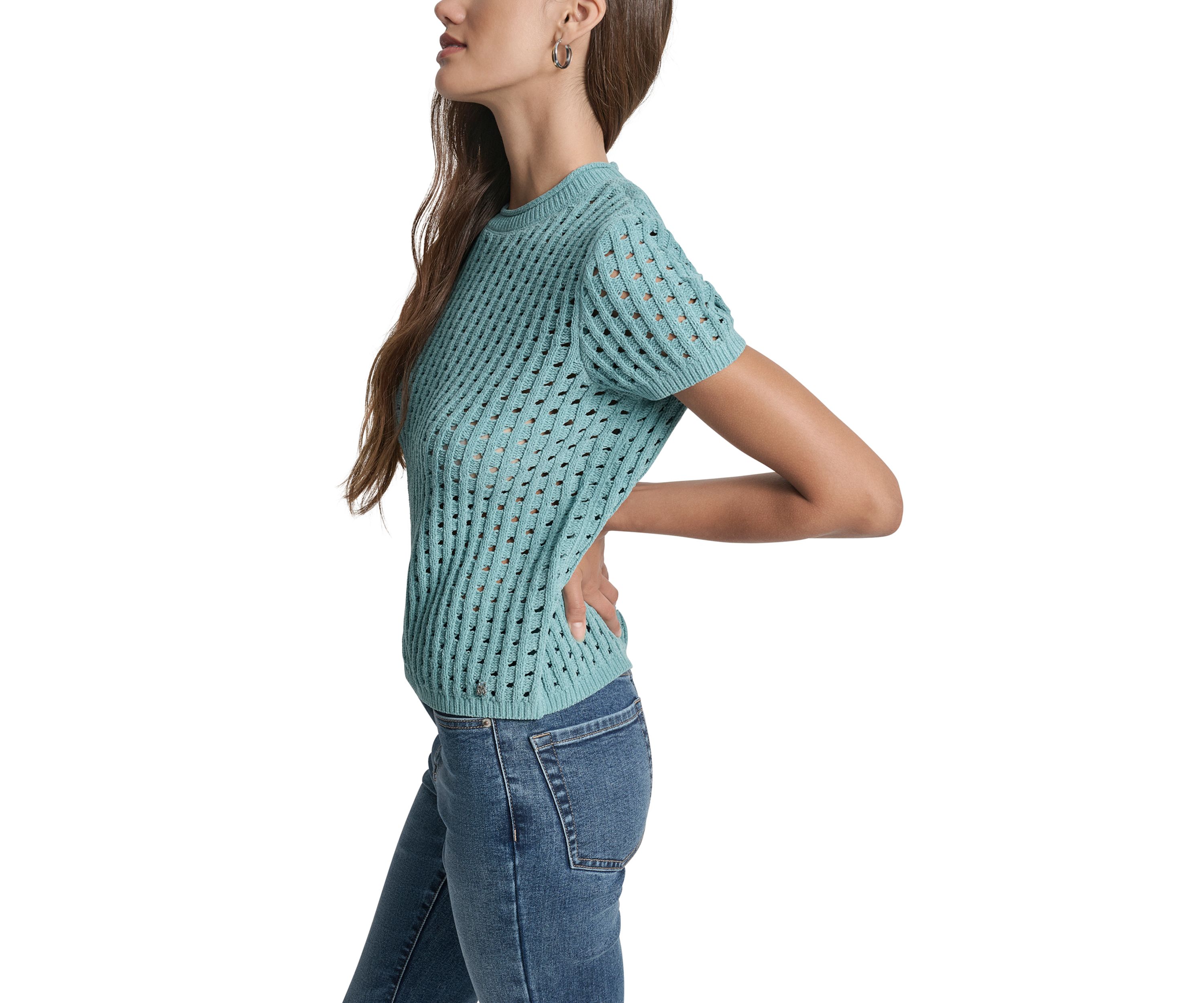Womens Open Stitch Crew Neck Short Sleeve Sweater