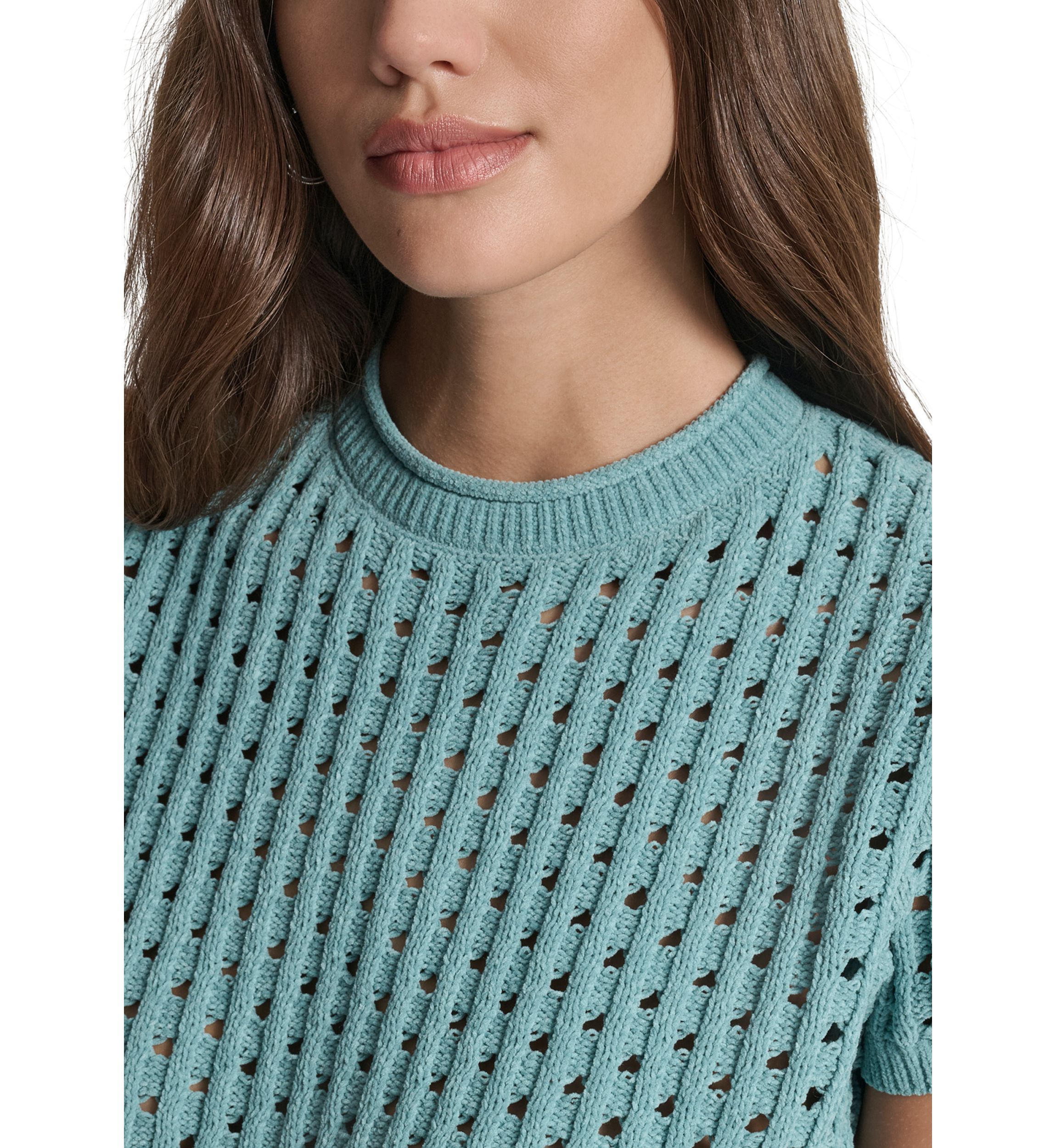 Womens Open Stitch Crew Neck Short Sleeve Sweater