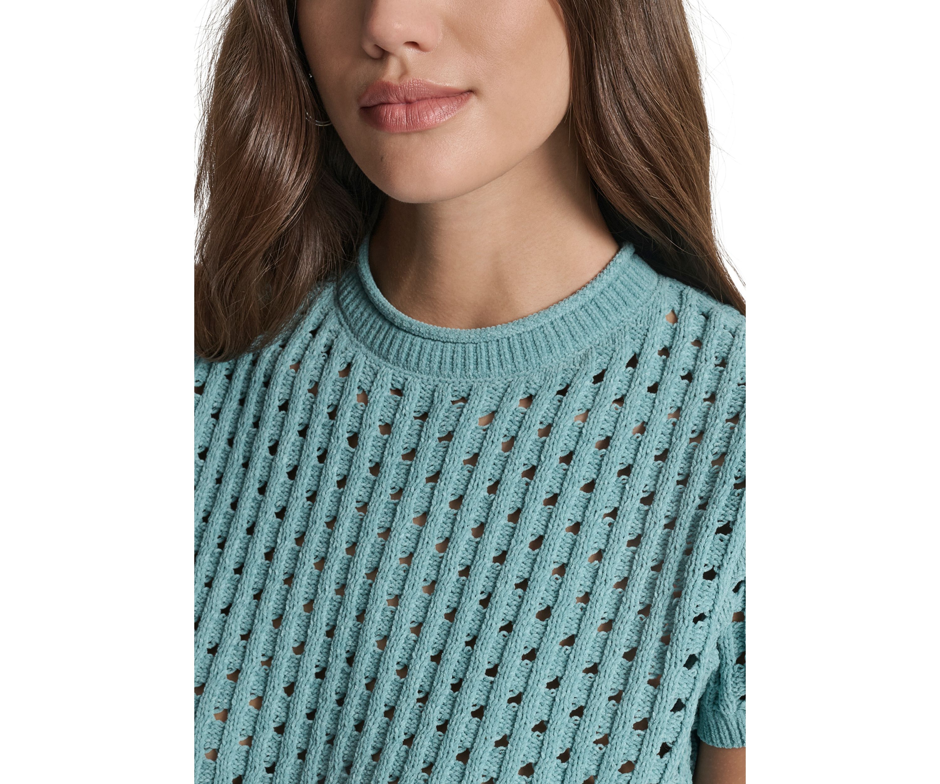 Womens Open Stitch Crew Neck Short Sleeve Sweater