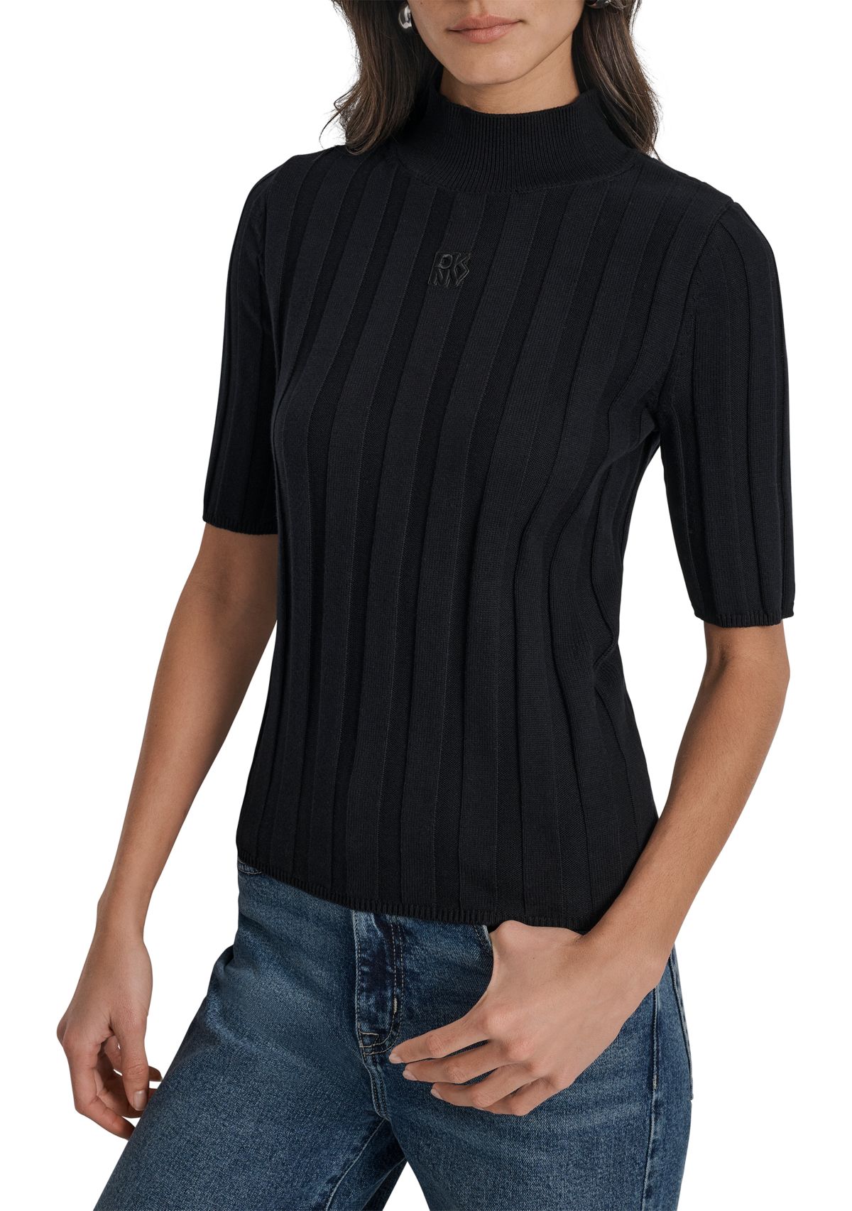 Womens Elbow Sleeve Wide Rib Mock Neck Sweater