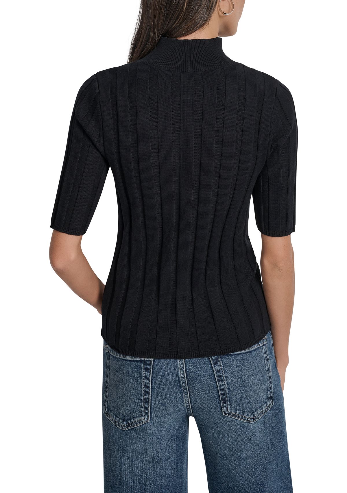 Womens Elbow Sleeve Wide Rib Mock Neck Sweater