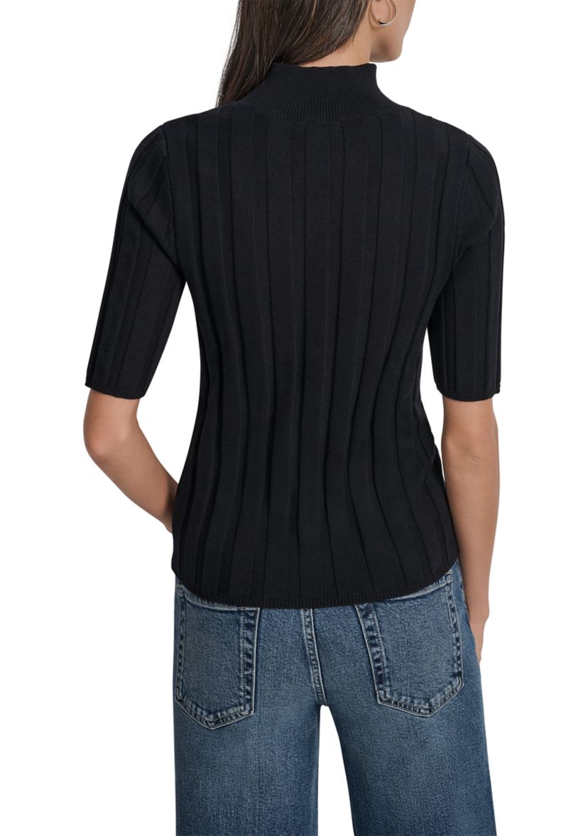 Womens Elbow Sleeve Wide Rib Mock Neck Sweater