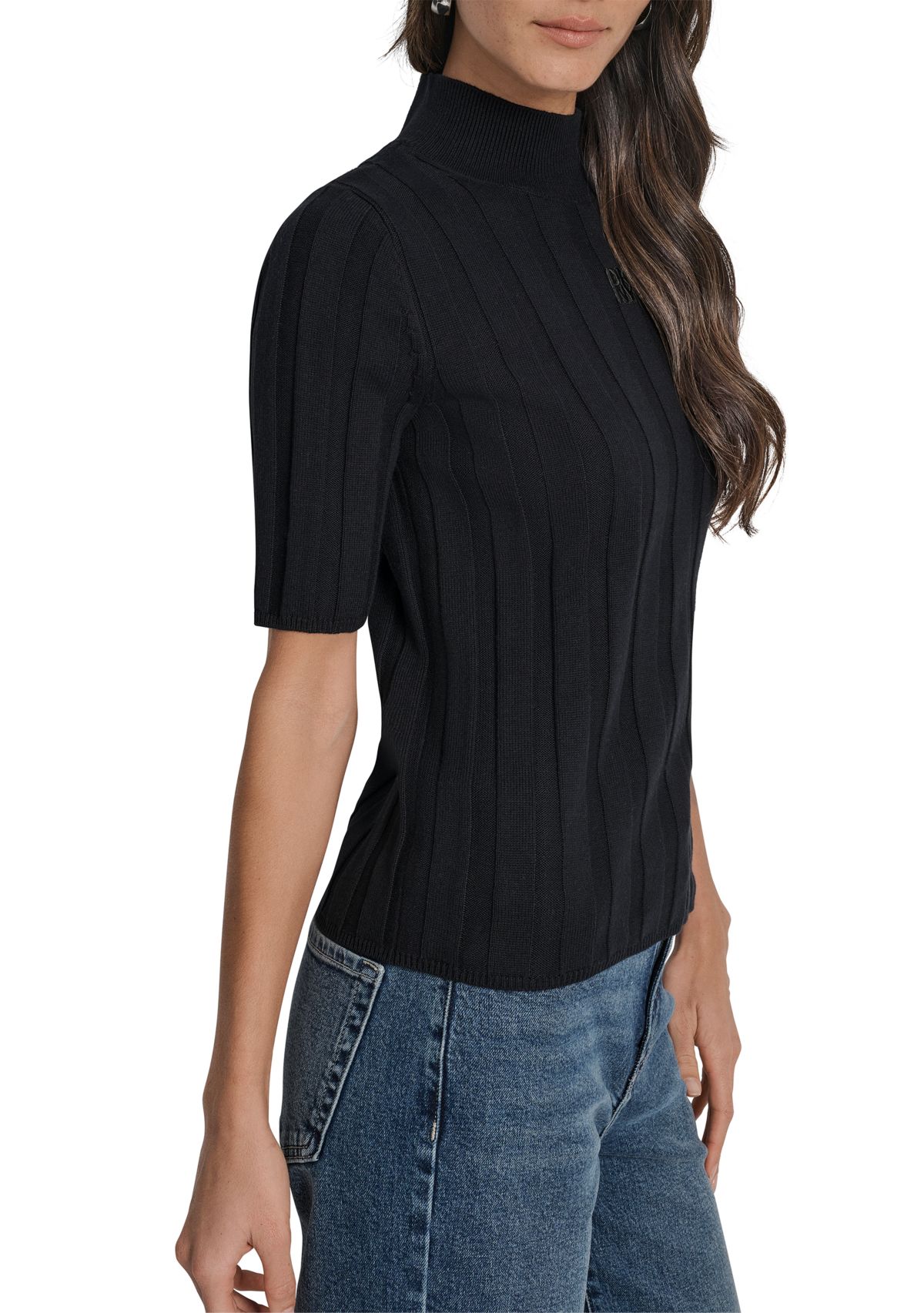 Womens Elbow Sleeve Wide Rib Mock Neck Sweater