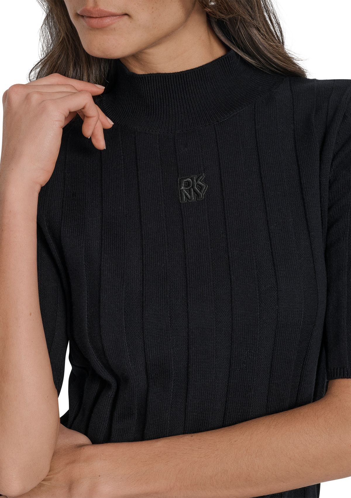 Womens Elbow Sleeve Wide Rib Mock Neck Sweater