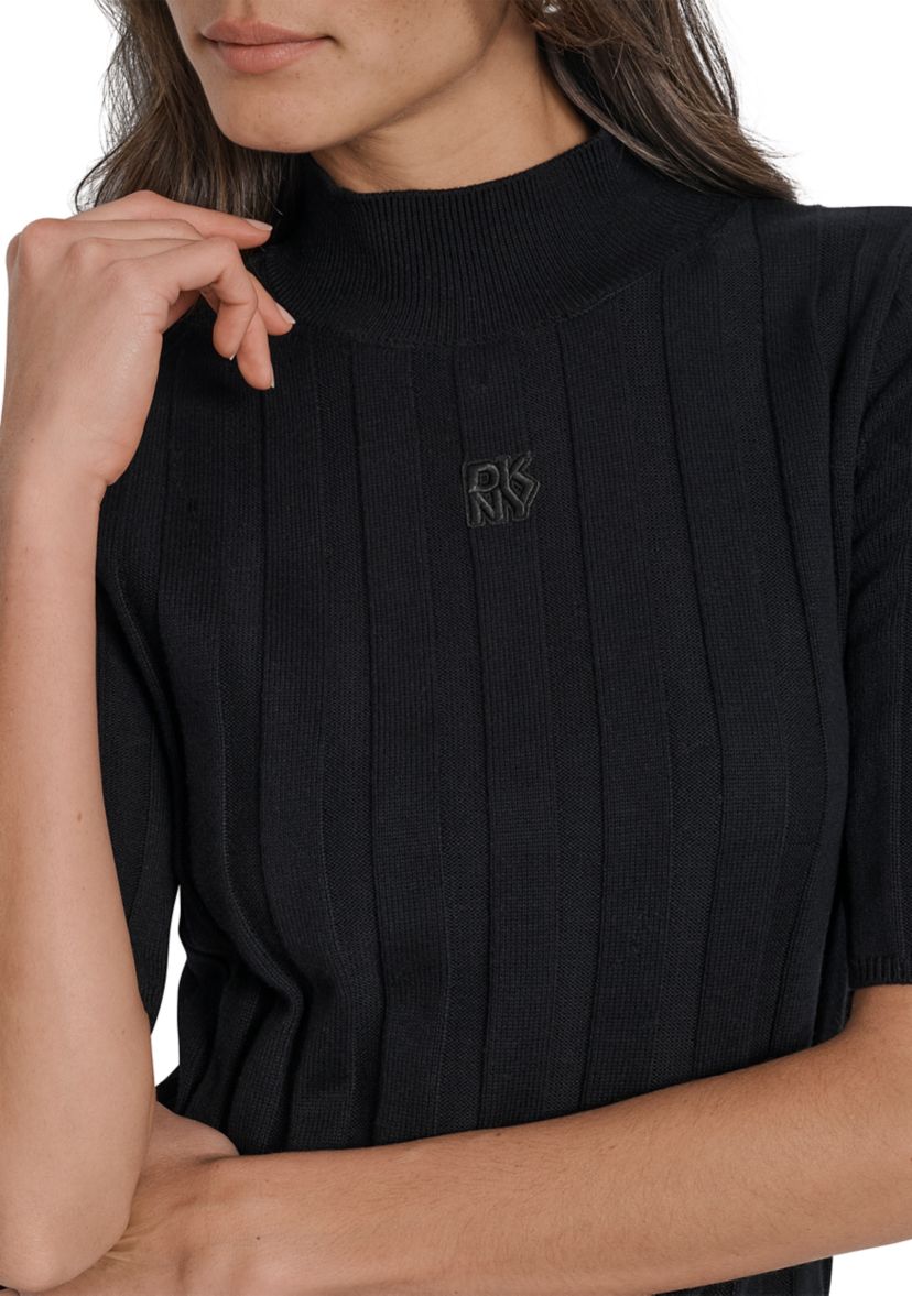 Womens Elbow Sleeve Wide Rib Mock Neck Sweater