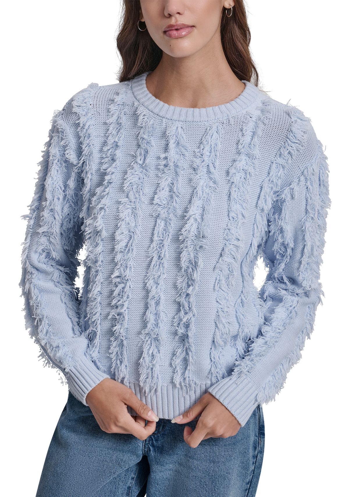 Womens Long Sleeve Crew Neck Fringe Sweater