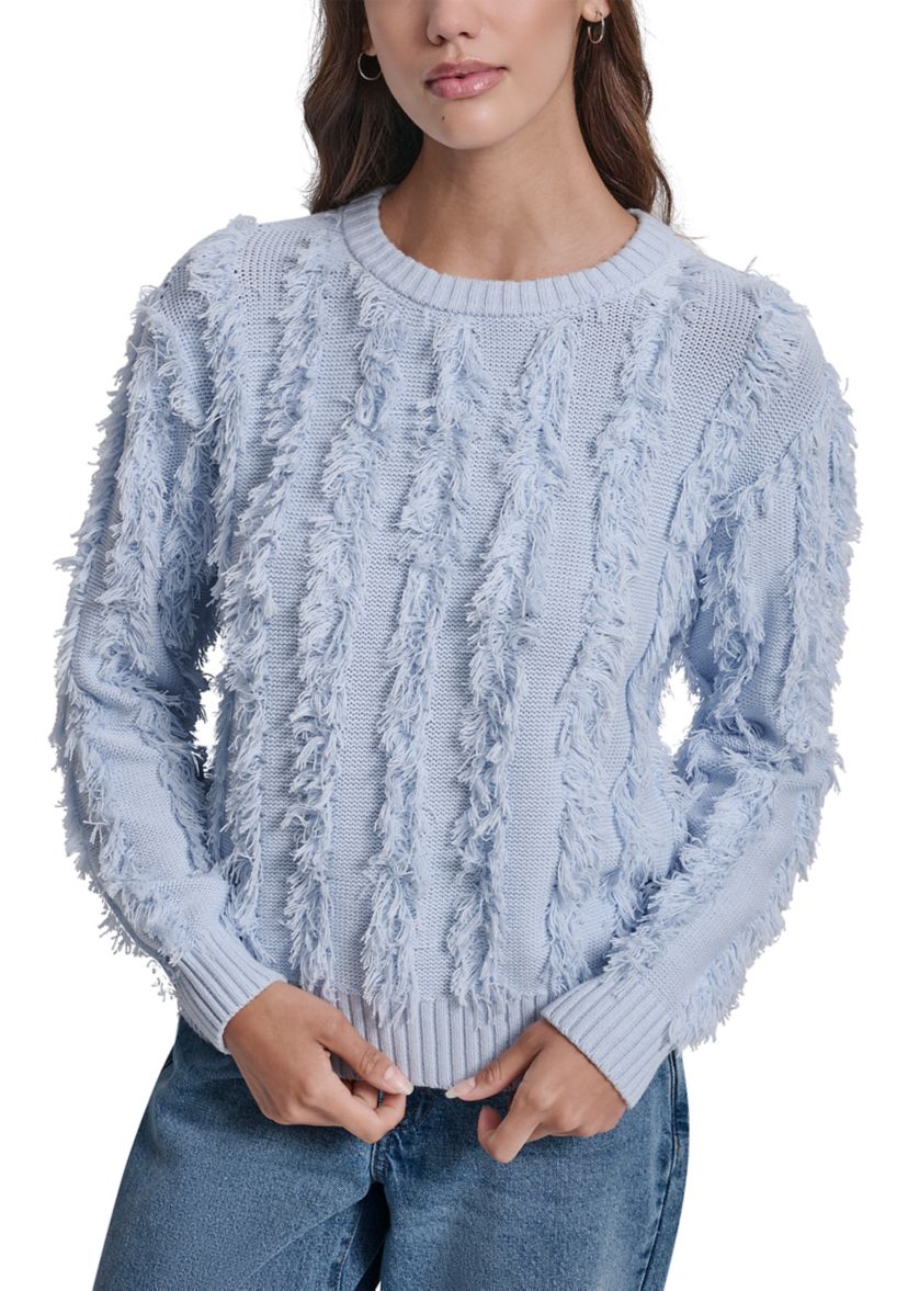 Womens Long Sleeve Crew Neck Fringe Sweater