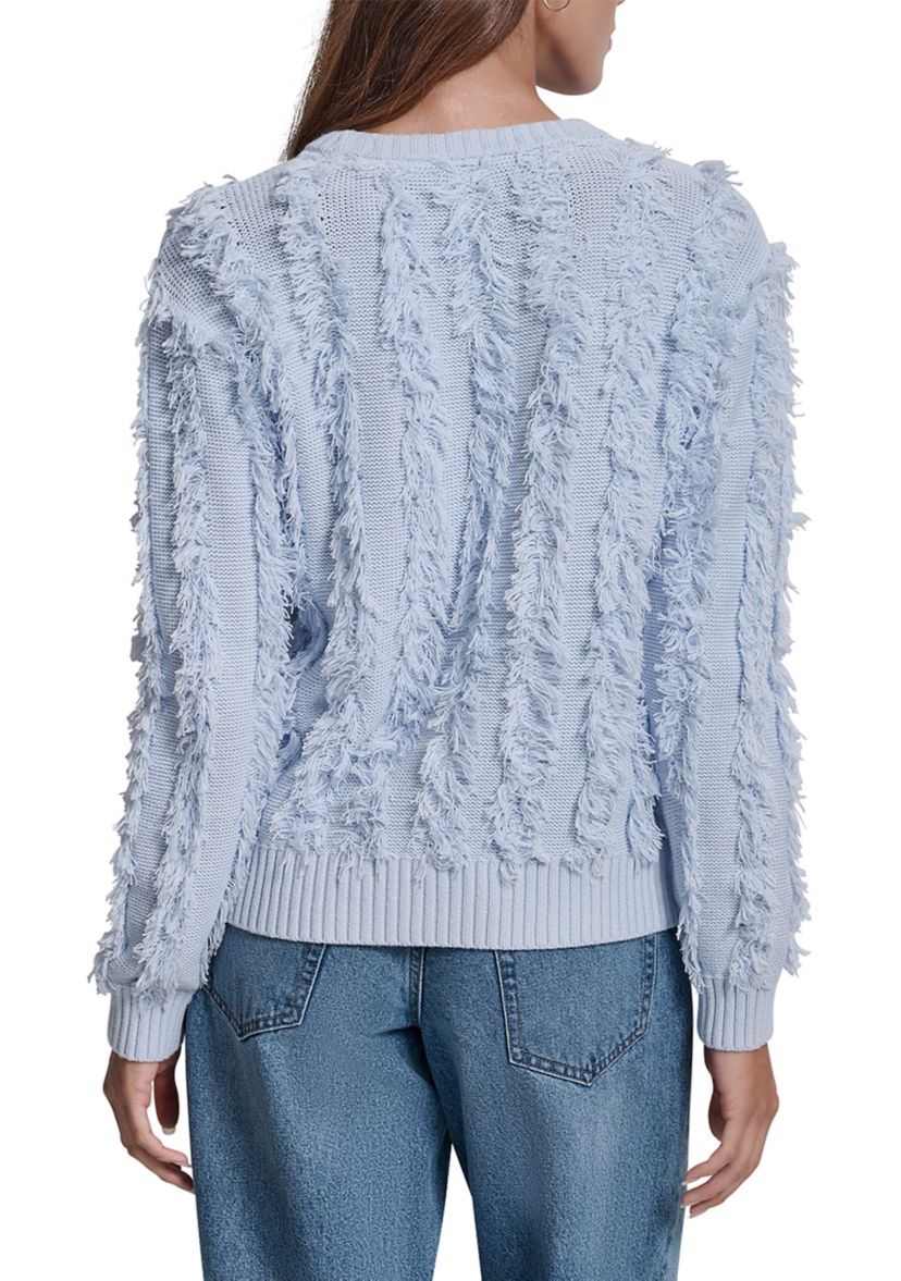 Womens Long Sleeve Crew Neck Fringe Sweater