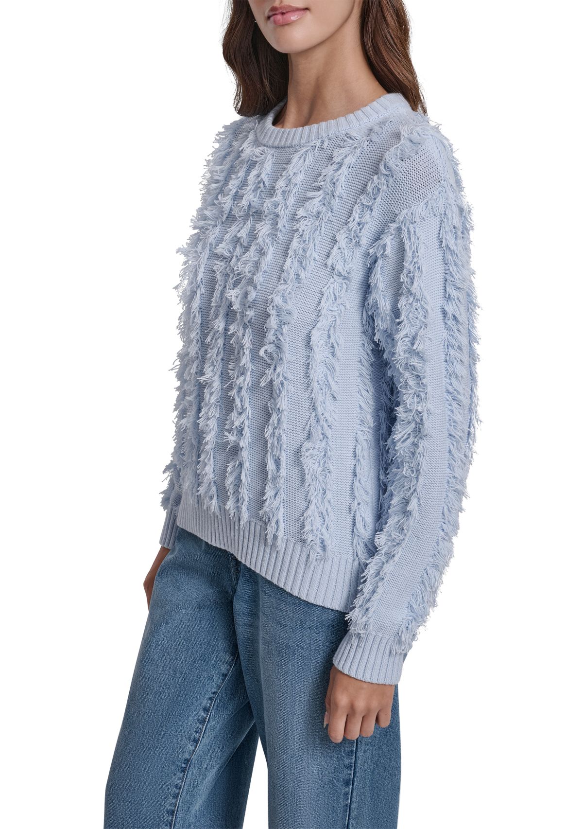 Womens Long Sleeve Crew Neck Fringe Sweater