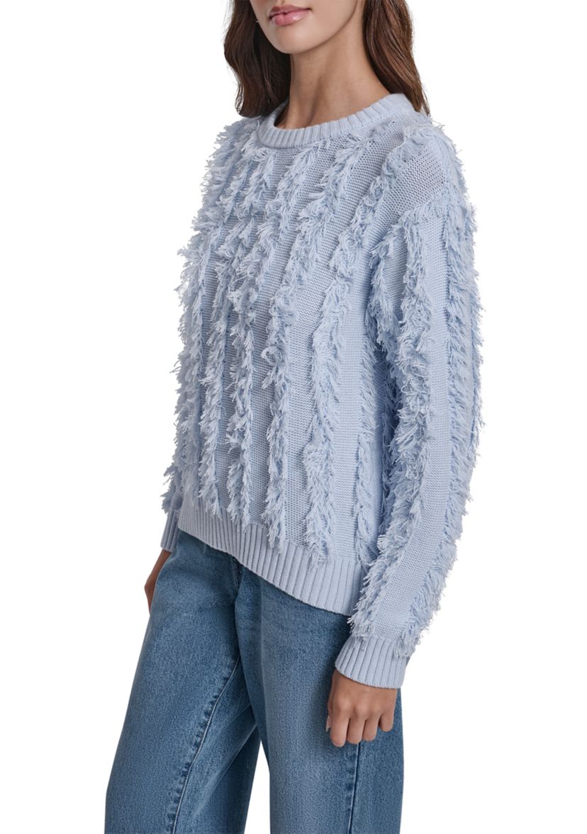 Womens Long Sleeve Crew Neck Fringe Sweater