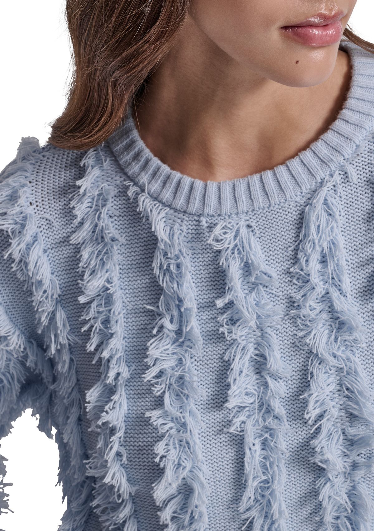 Womens Long Sleeve Crew Neck Fringe Sweater