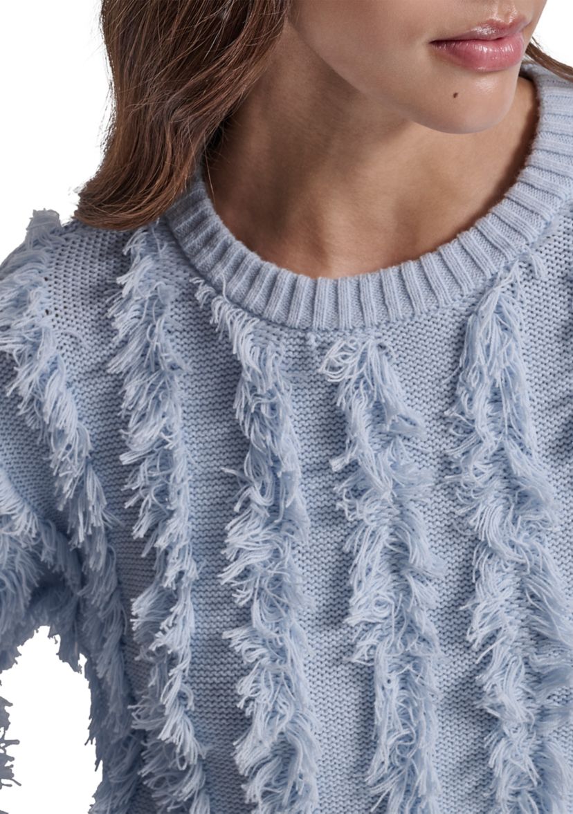 Womens Long Sleeve Crew Neck Fringe Sweater