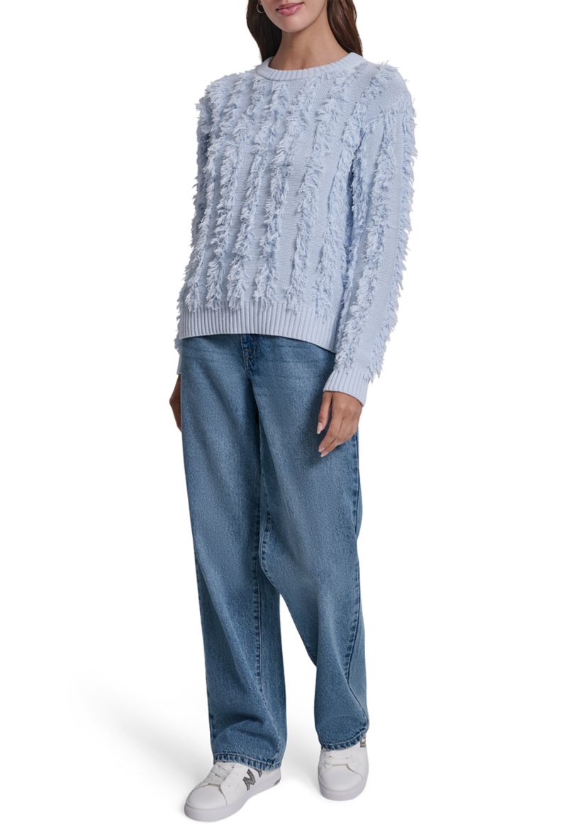 Womens Long Sleeve Crew Neck Fringe Sweater