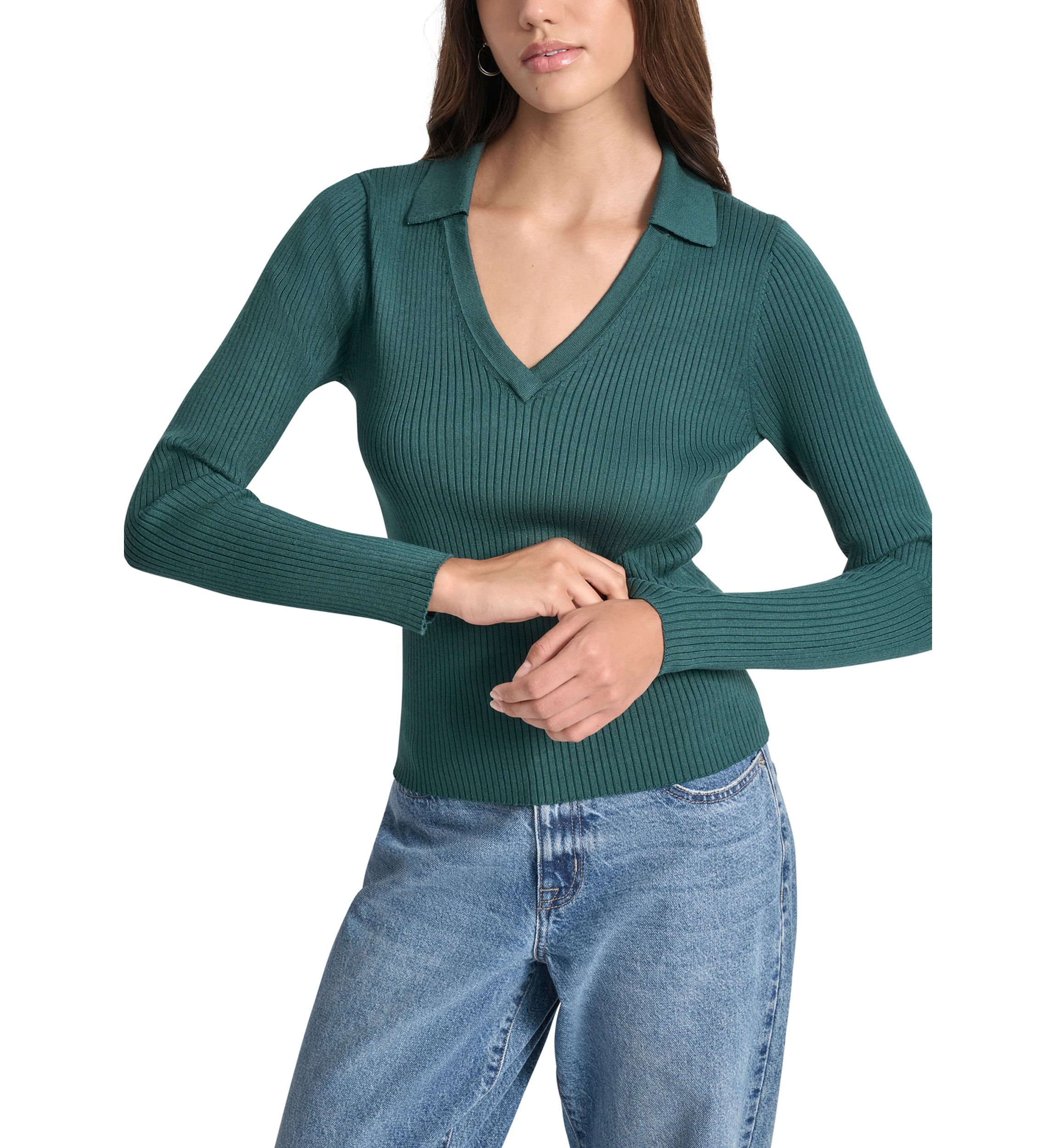 Womens Rib Long Sleeve Collared Sweater with Rhinestone Cuffs