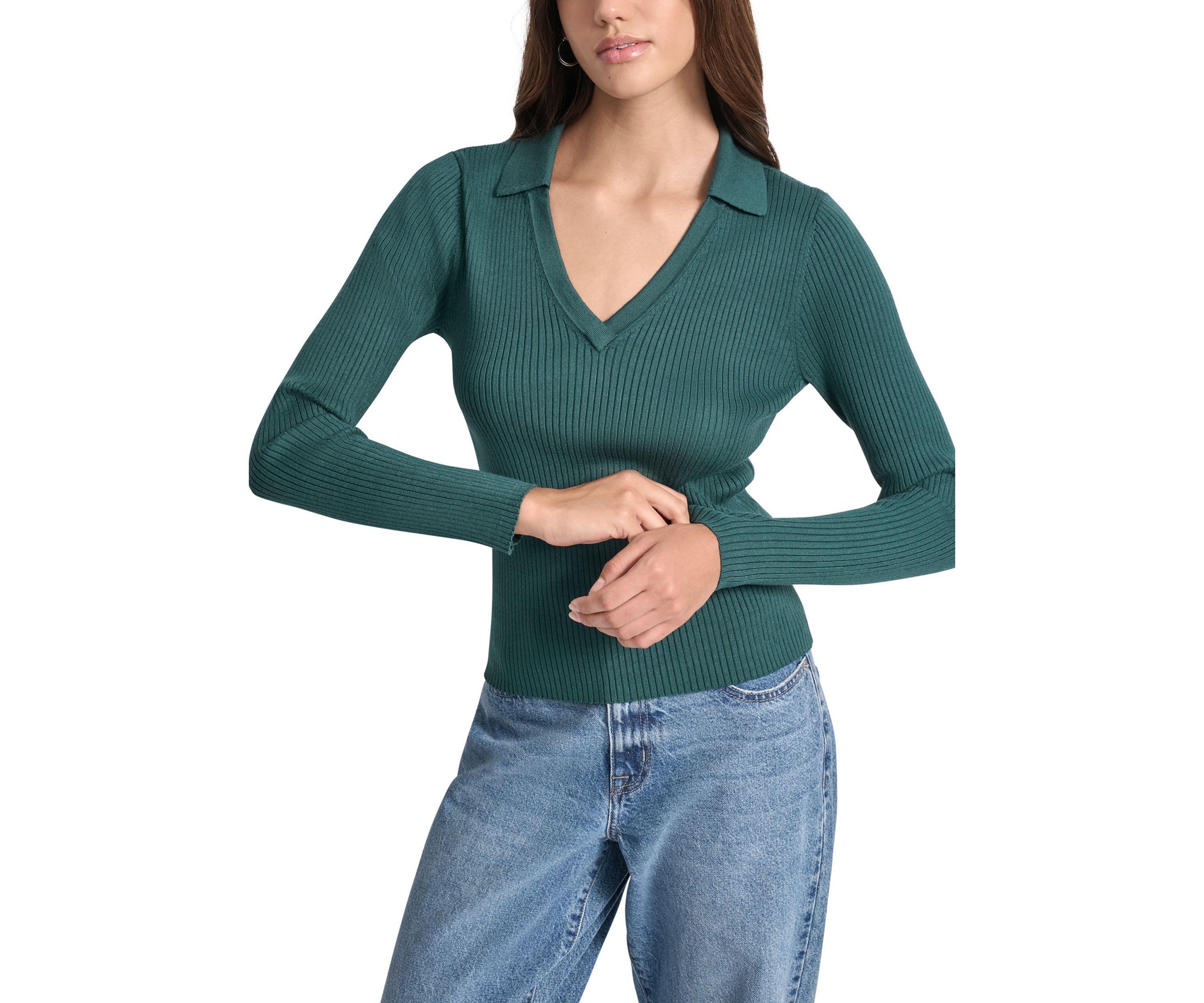 Womens Rib Long Sleeve Collared Sweater with Rhinestone Cuffs