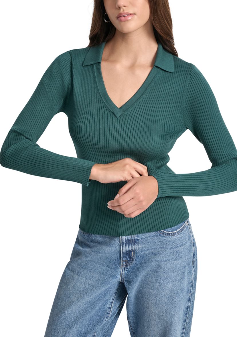 Womens Rib Long Sleeve Collared Sweater with Rhinestone Cuffs