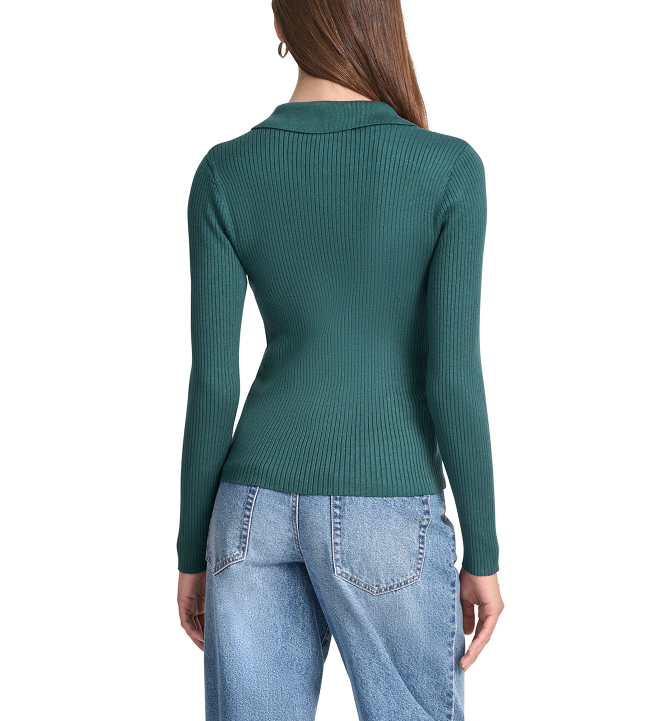Womens Rib Long Sleeve Collared Sweater with Rhinestone Cuffs